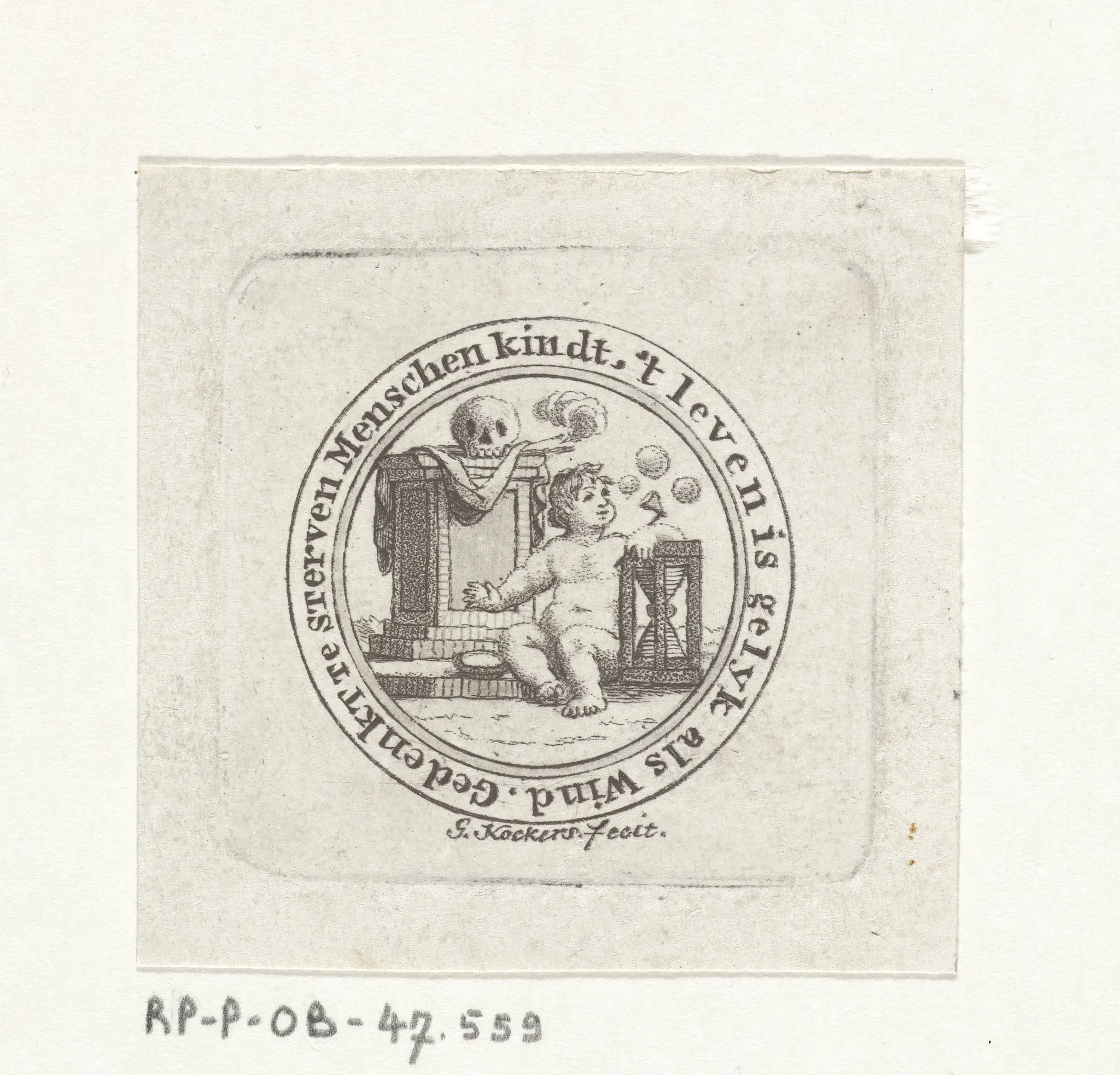 Vanitas met bellen blazend kind, schedel en zandloper by Unknown artist