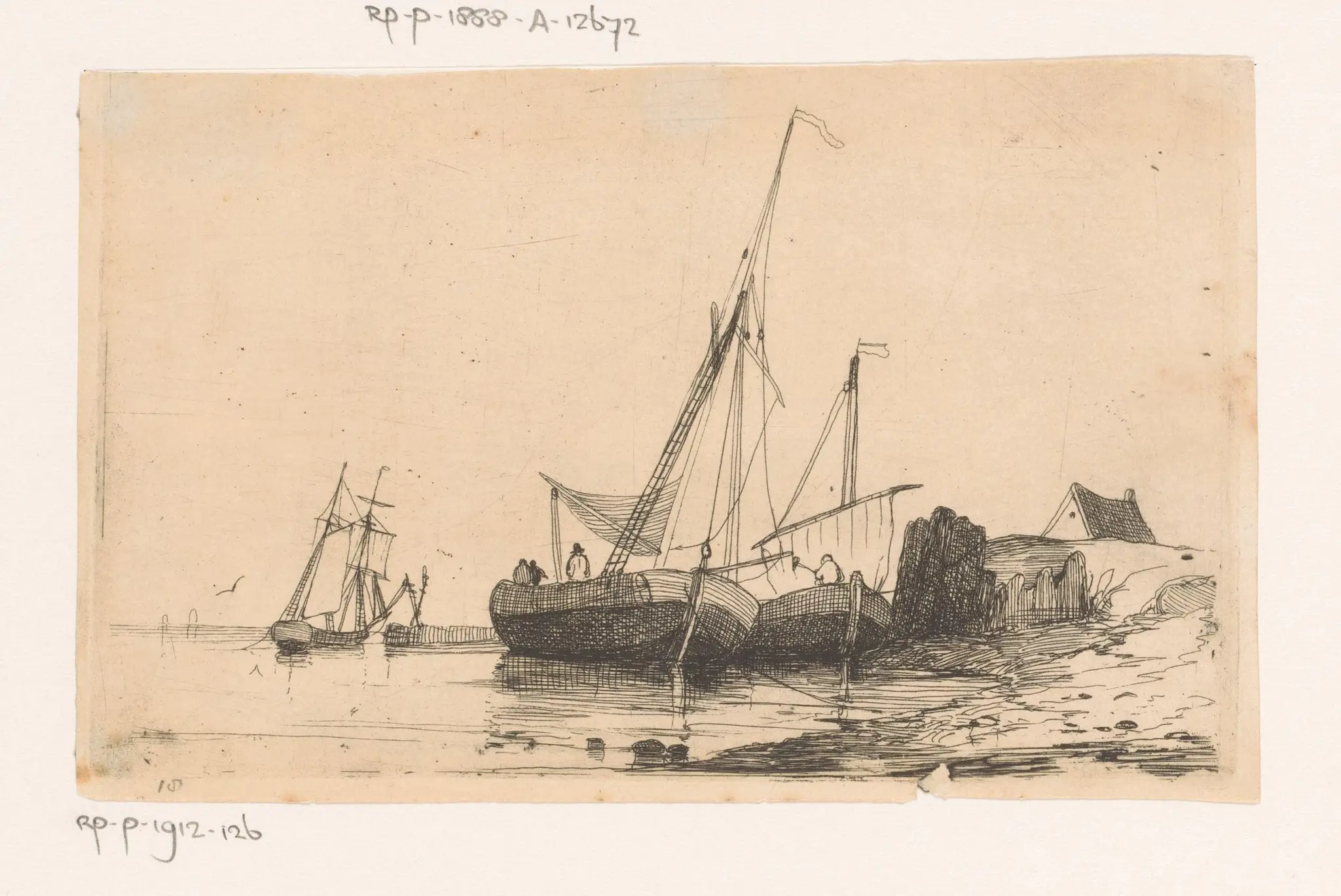 Twee zeilschepen aan de kust by Egidius Linnig