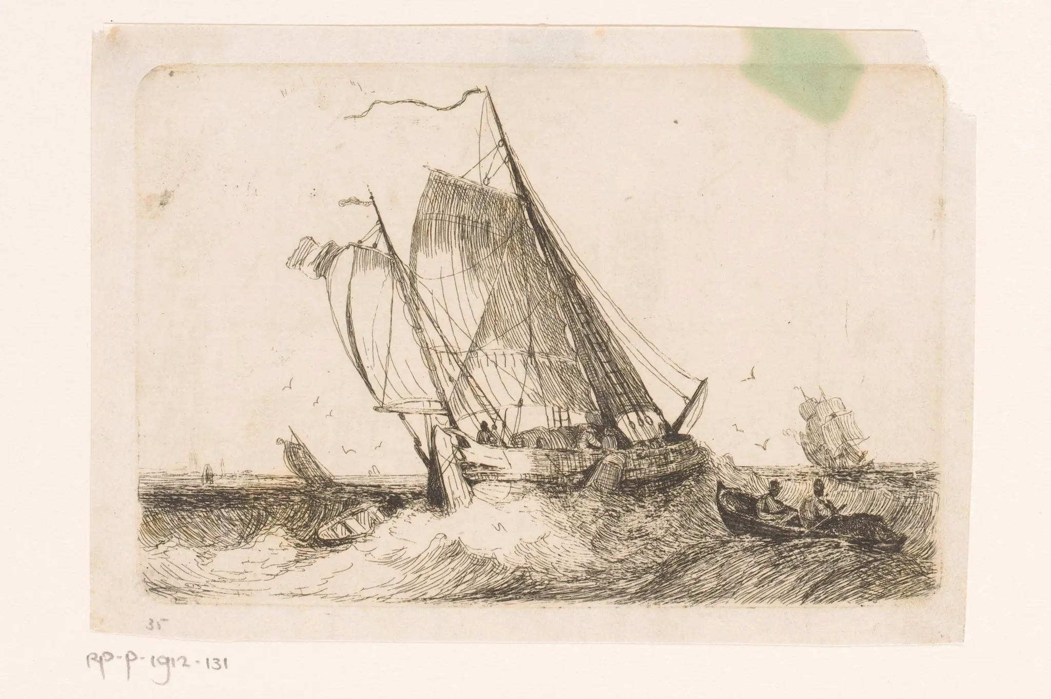 Zeilschepen en een roeiboot op onrustige zee by Egidius Linnig