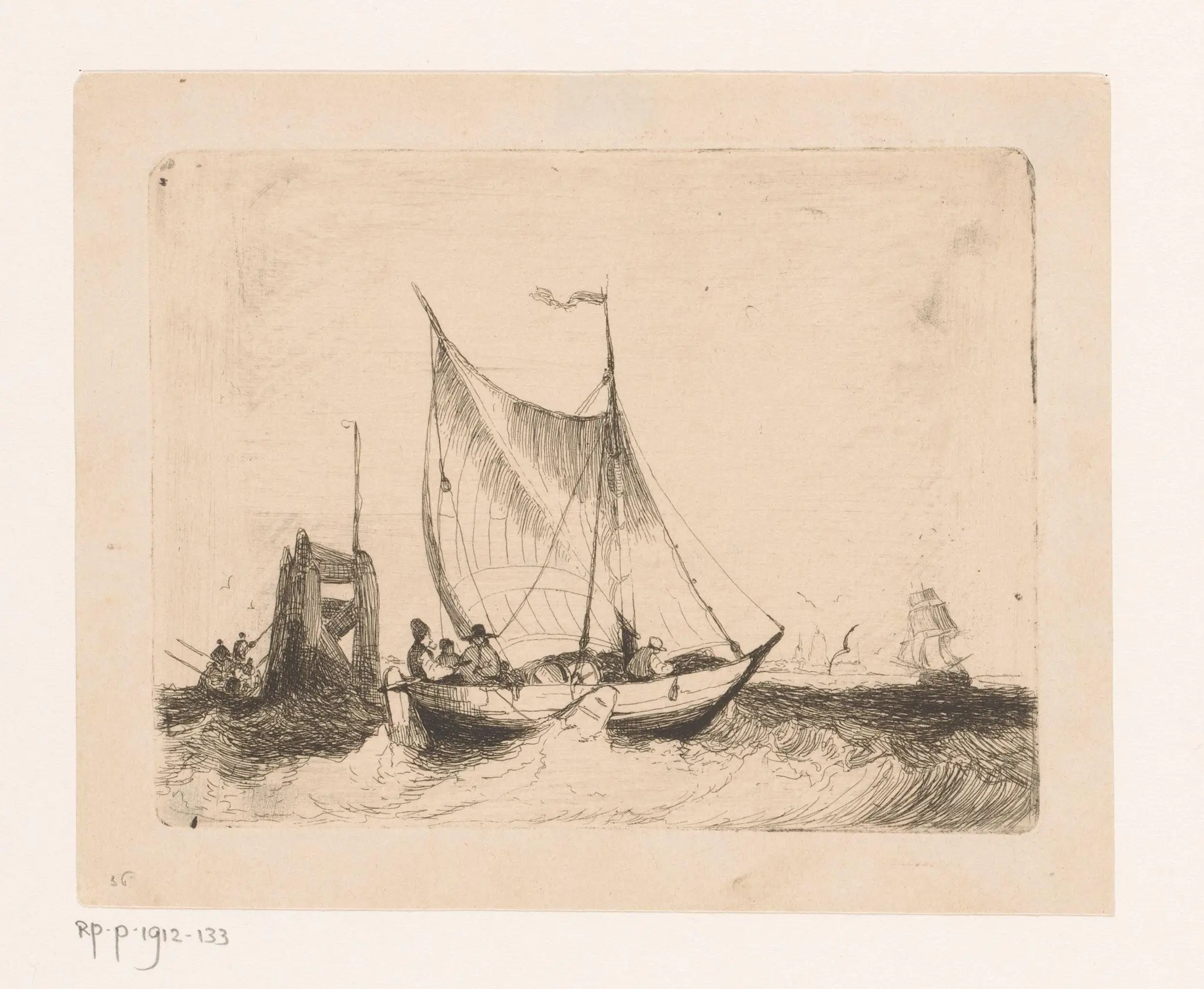 Zeegezicht met zeilboot en baken by Egidius Linnig