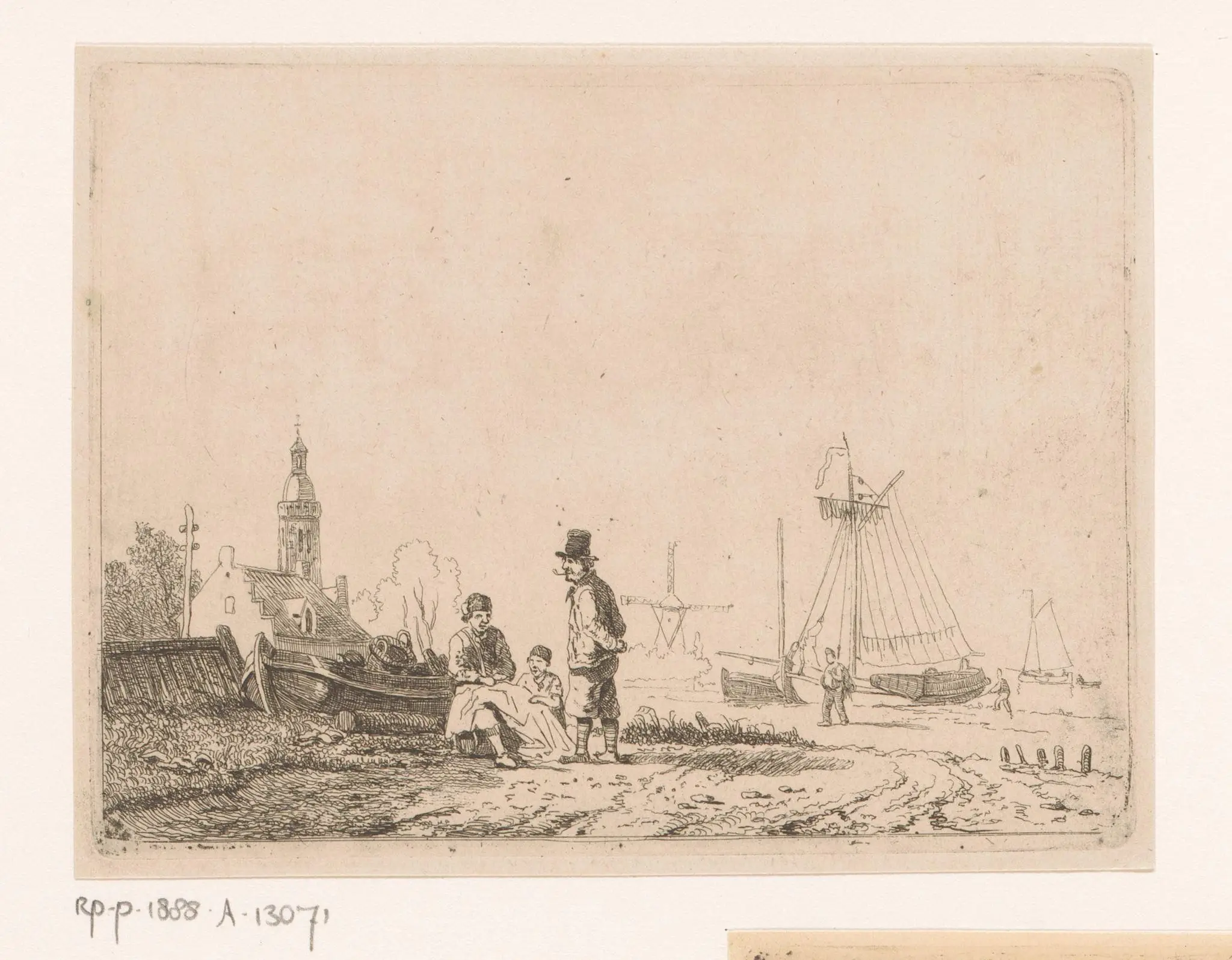 Visser met zijn zoon repareert een net onder toezicht van een pijprokende oude matroos by Egidius Linnig