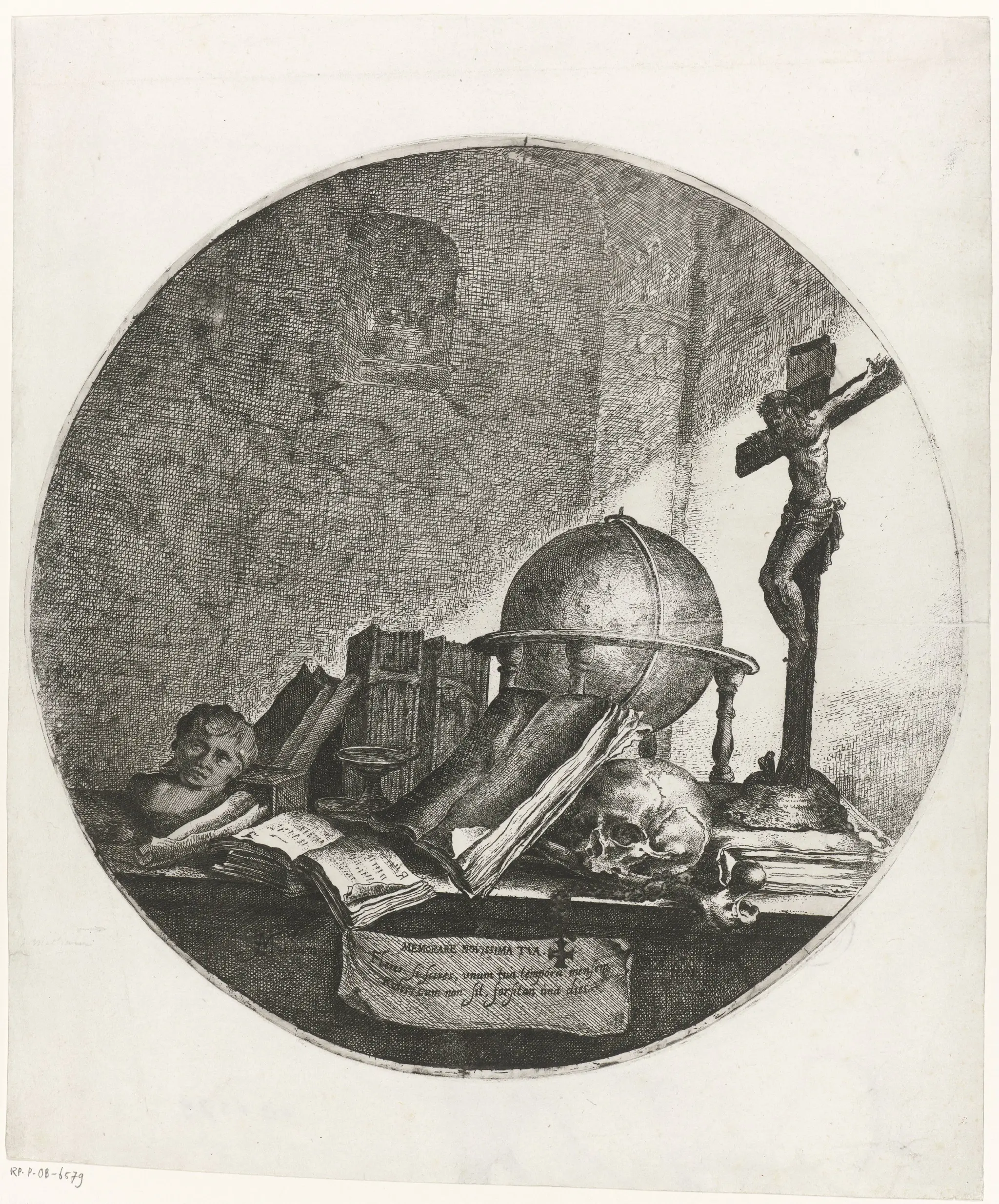 Vanitas met globe, crucifix, schedel en boeken by Unknown artist