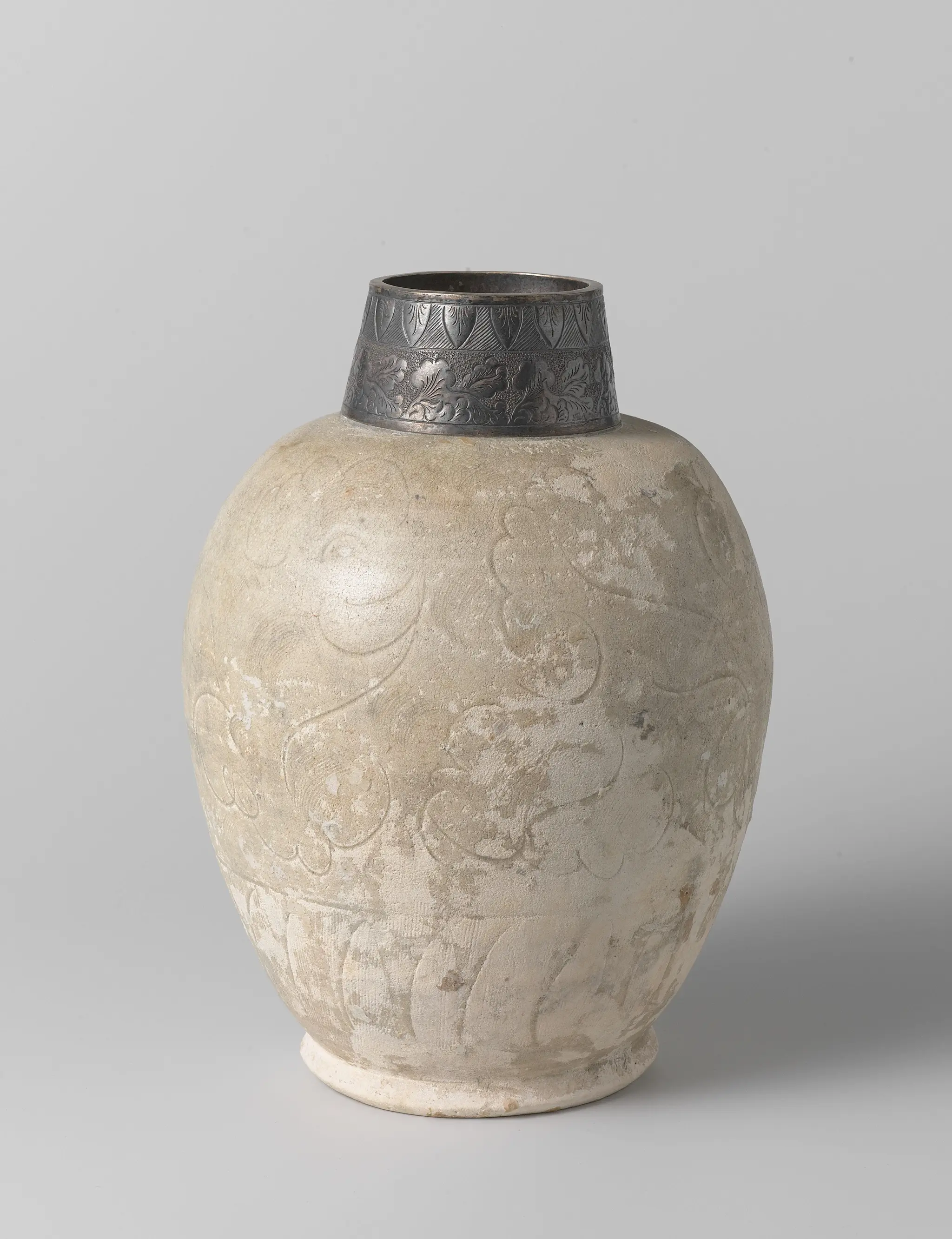 Ovoid jar with floral scrolls and silver mount by anonymous