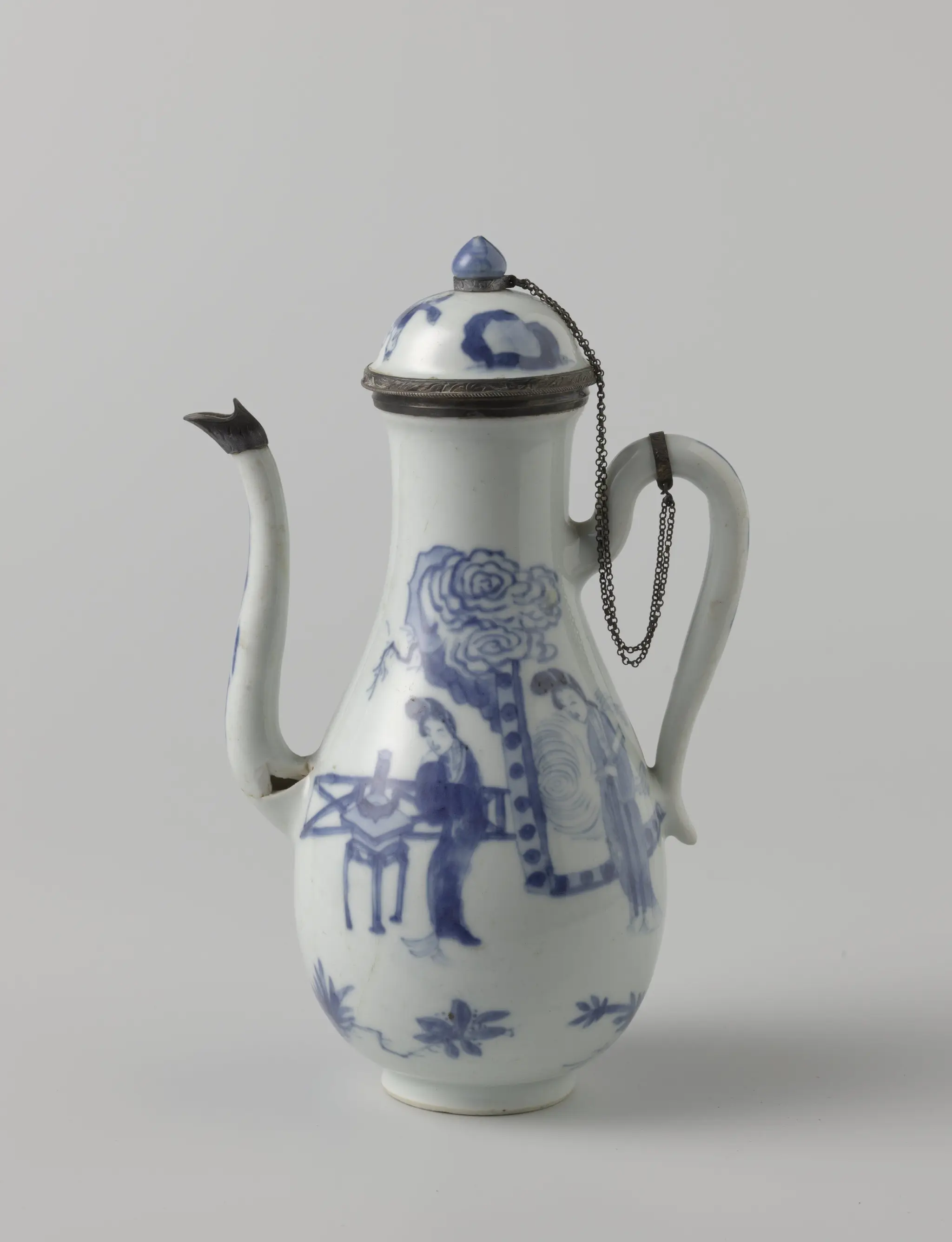 Pear-shaped milk jug with women and boys, silver mounts by anonymous