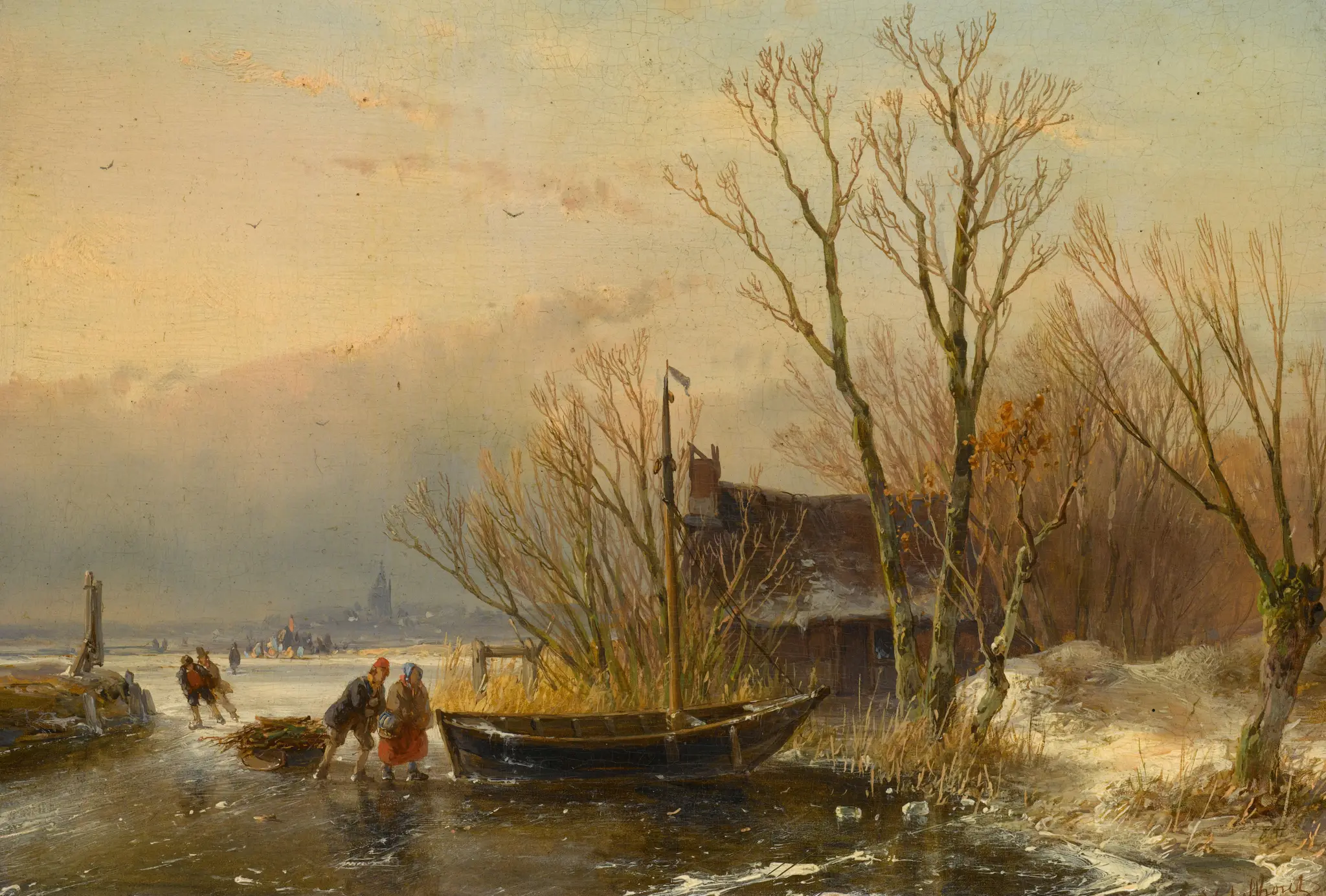 Winter Scene on the Ice with Wood Gatherers by Andreas Schelfhout