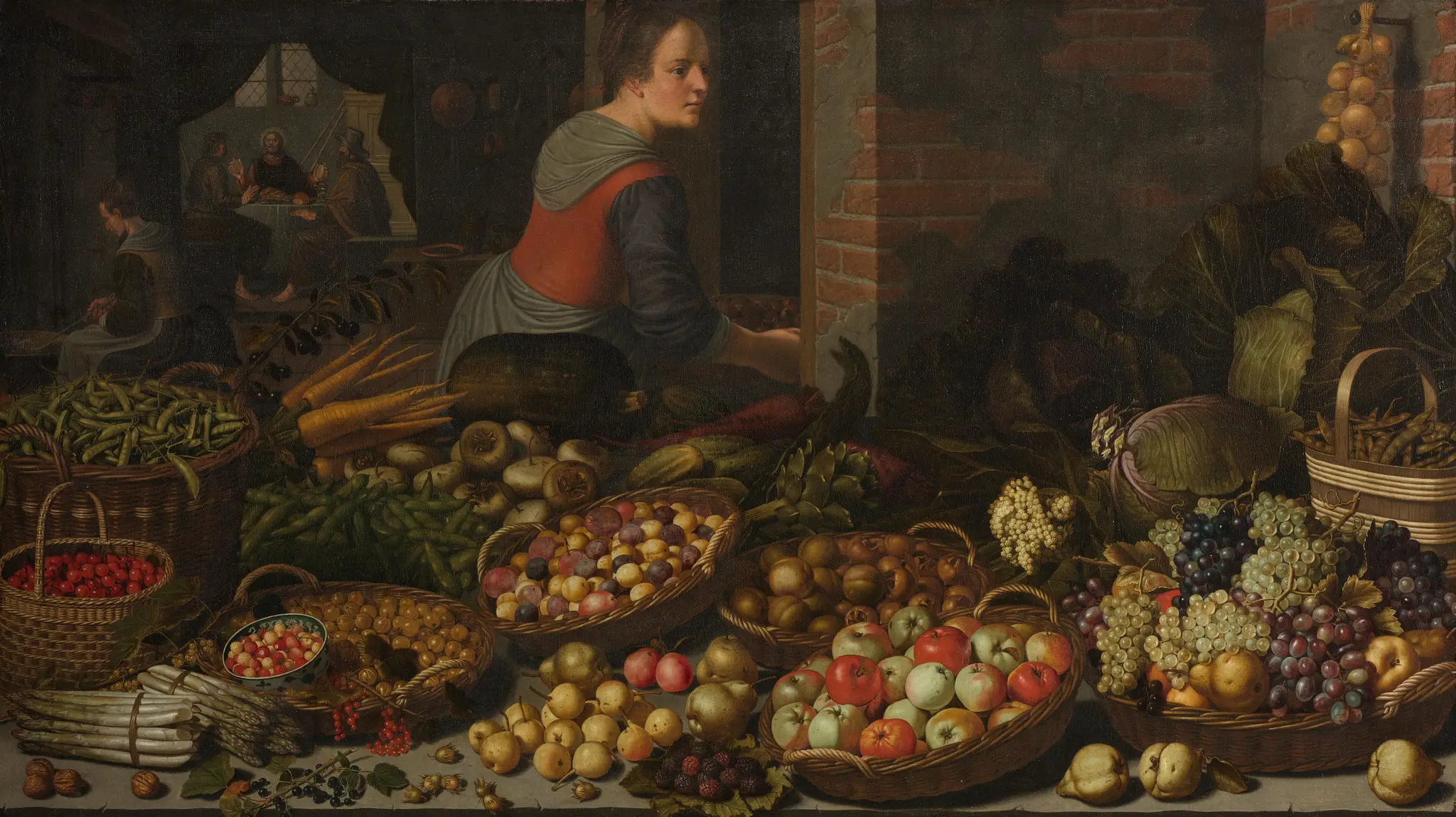 Still Life with Fruit and Vegetables, with Christ at Emmaus in the background by Floris Gerritsz van Schooten