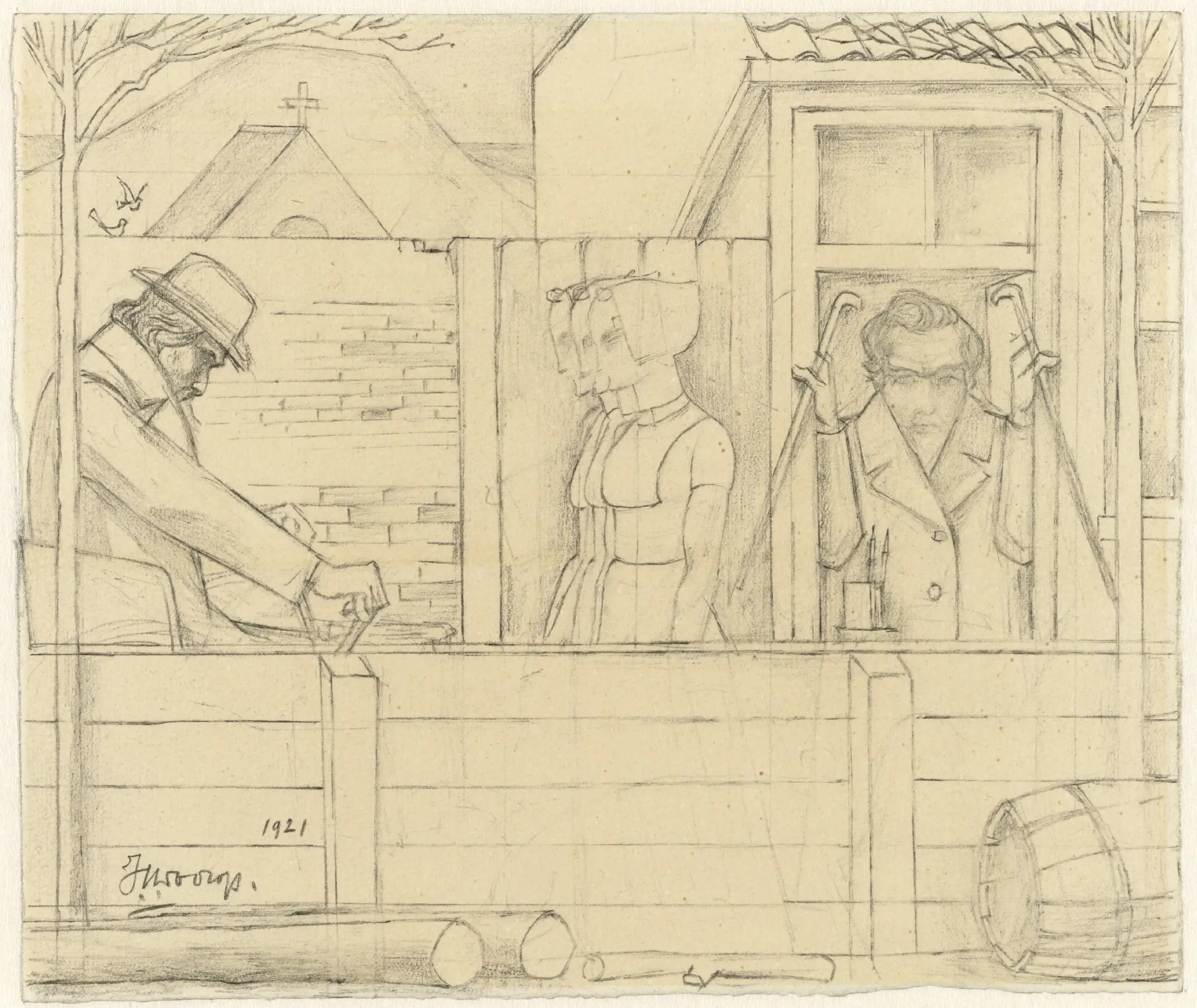 Jan Toorop in een rolstoel ziet zijn verleden in drie Zeeuwse meisjes en zichzelf in een raam by Jan Toorop