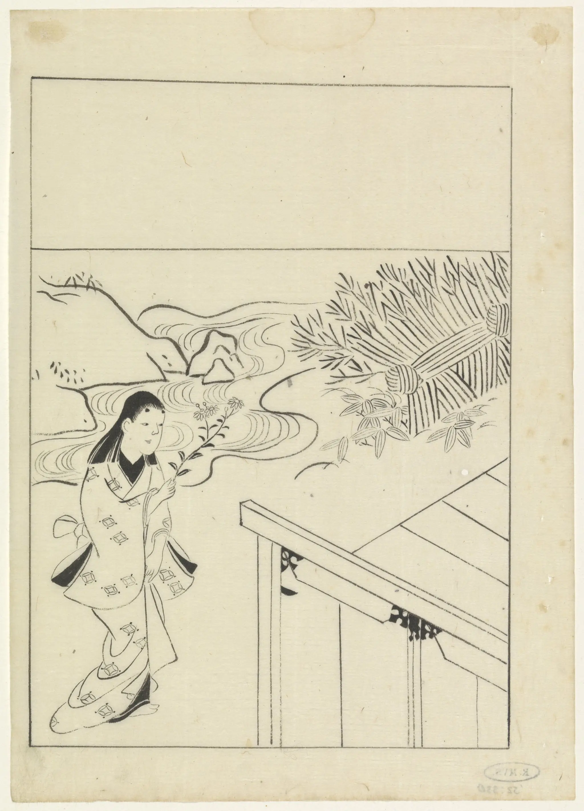 Landschap met een vrouw met een tak bloemen in de hand by Hishikawa Moronobu