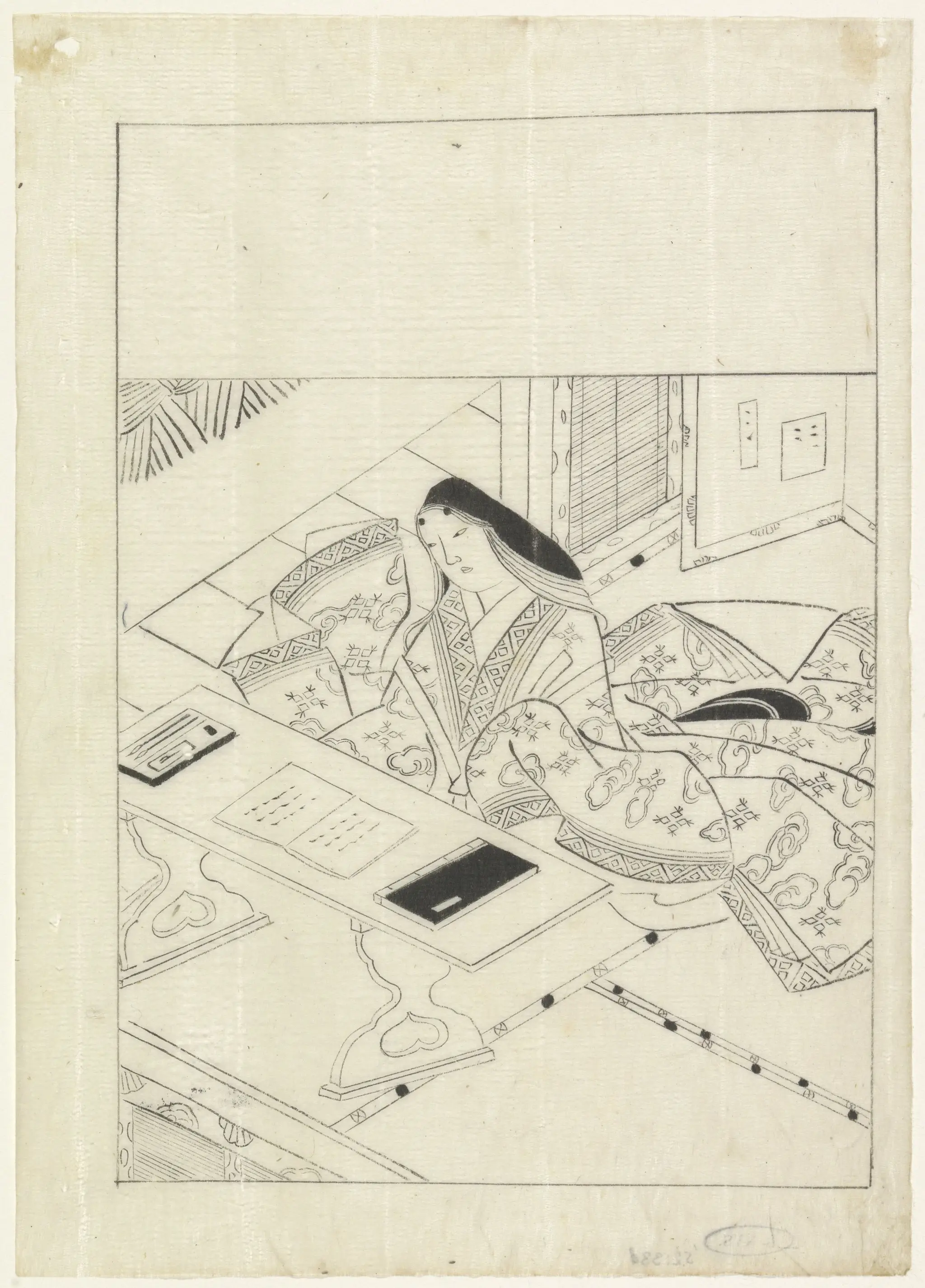 Dame gezeten in een vertrek voor een tafel, waarop twee boeken en schrijfgerei liggen by Hishikawa Moronobu