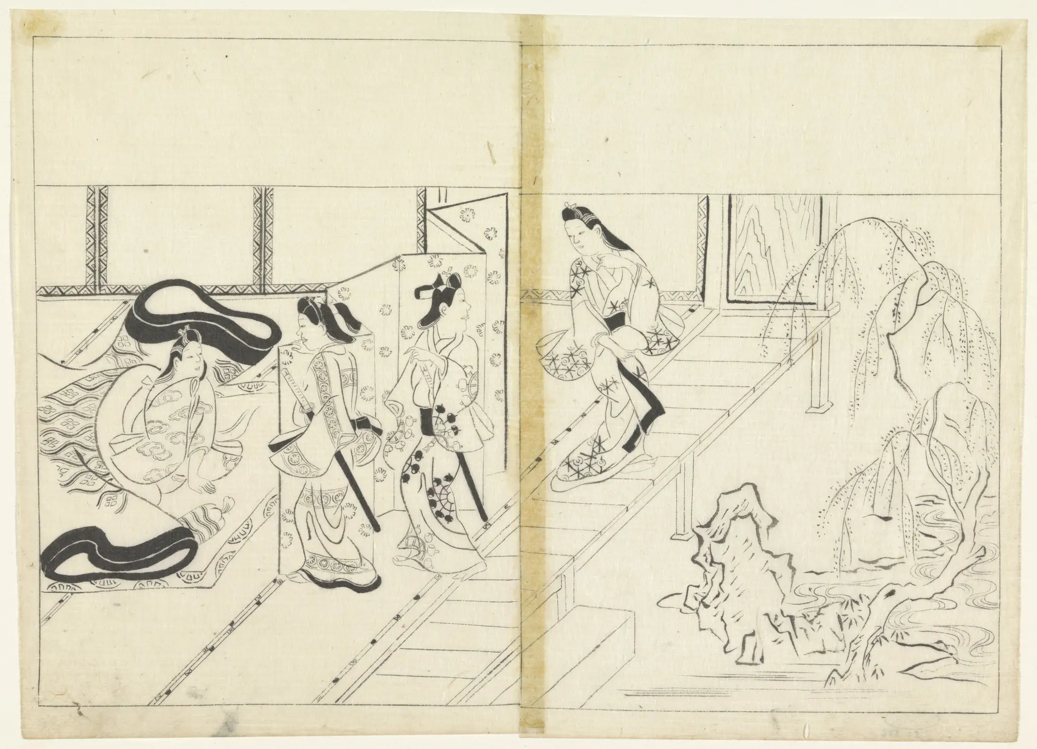 Bezoek van twee samourai aan een dame, rechts een tuin by Hishikawa Moronobu