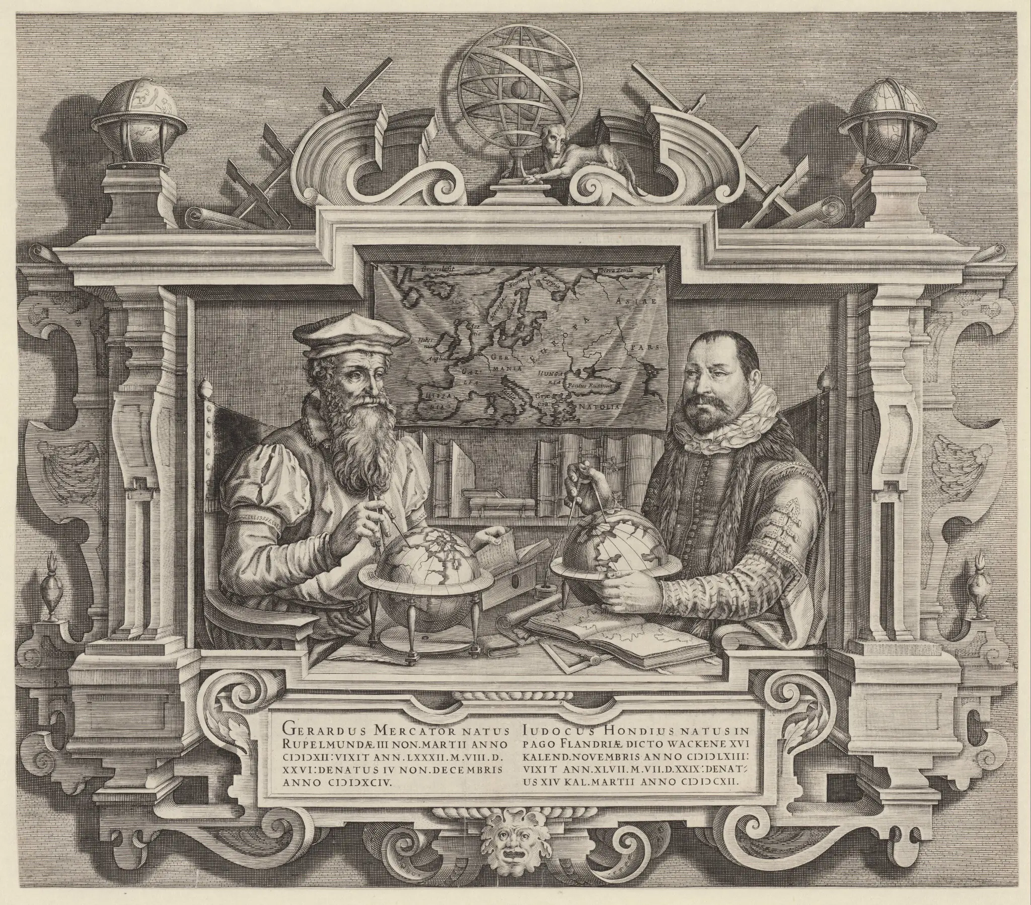 Portret van Jodocus Hondius en Gerard Mercator by Jodocus Hondius (II)