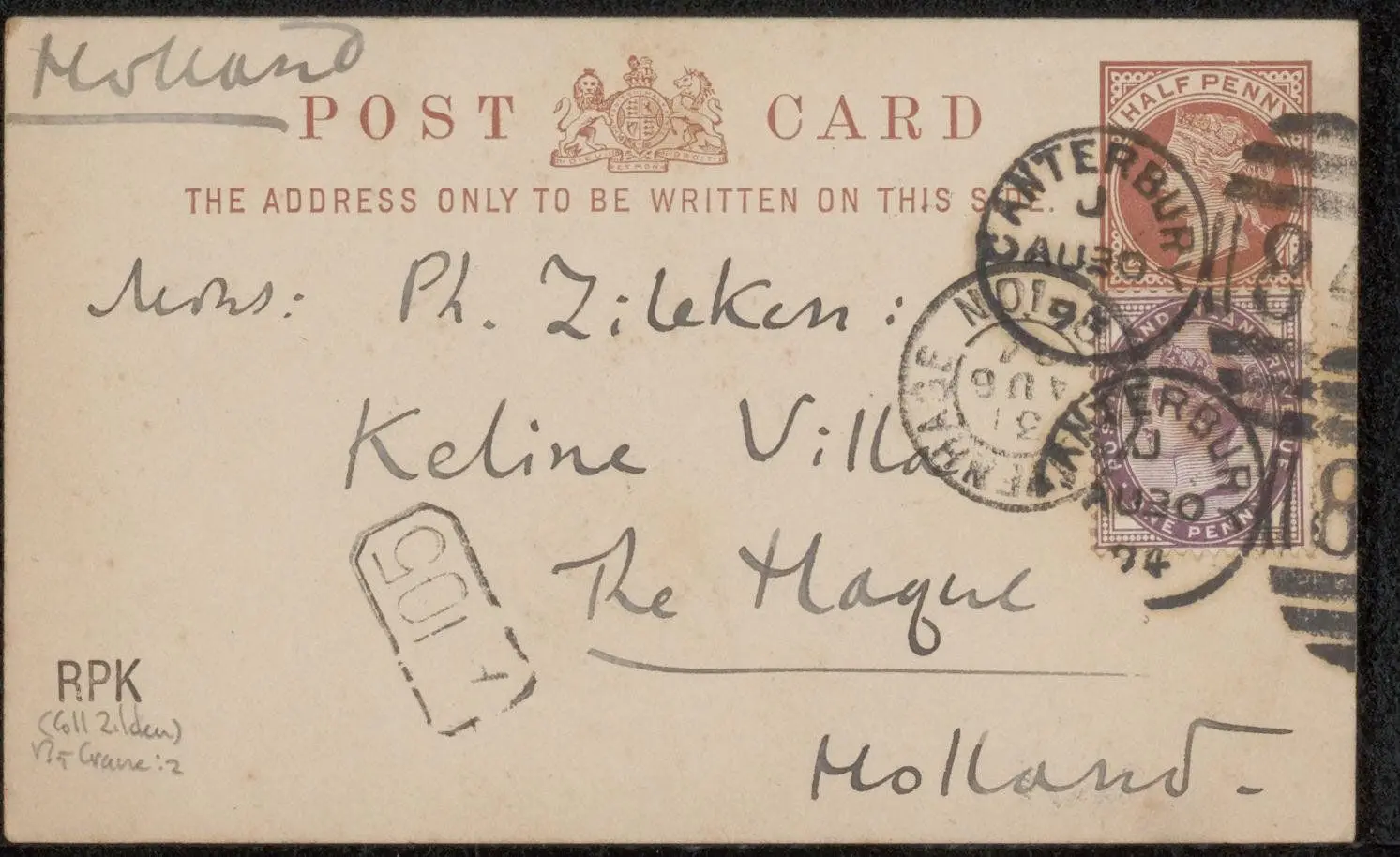 Briefkaart aan Philip Zilcken by Walter Crane