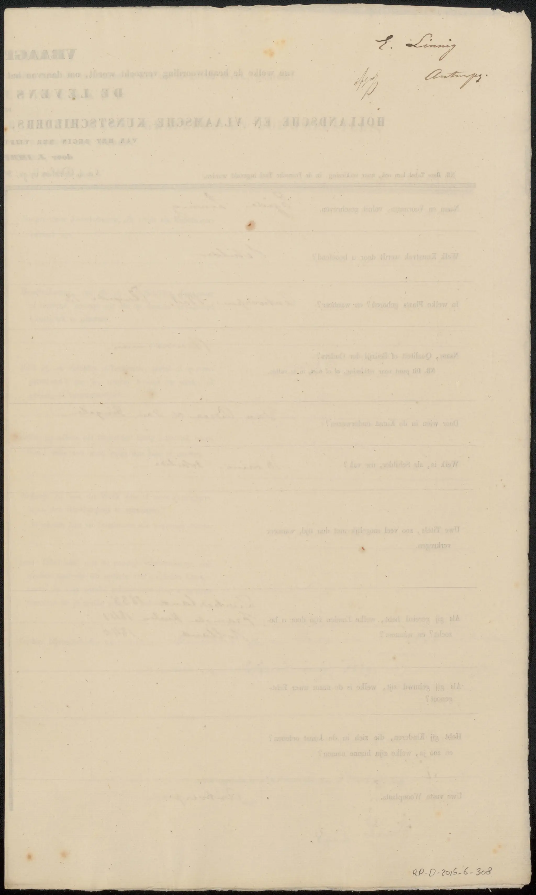 Enquêteformulier ingevuld door Egidius Linnig by Egidius Linnig