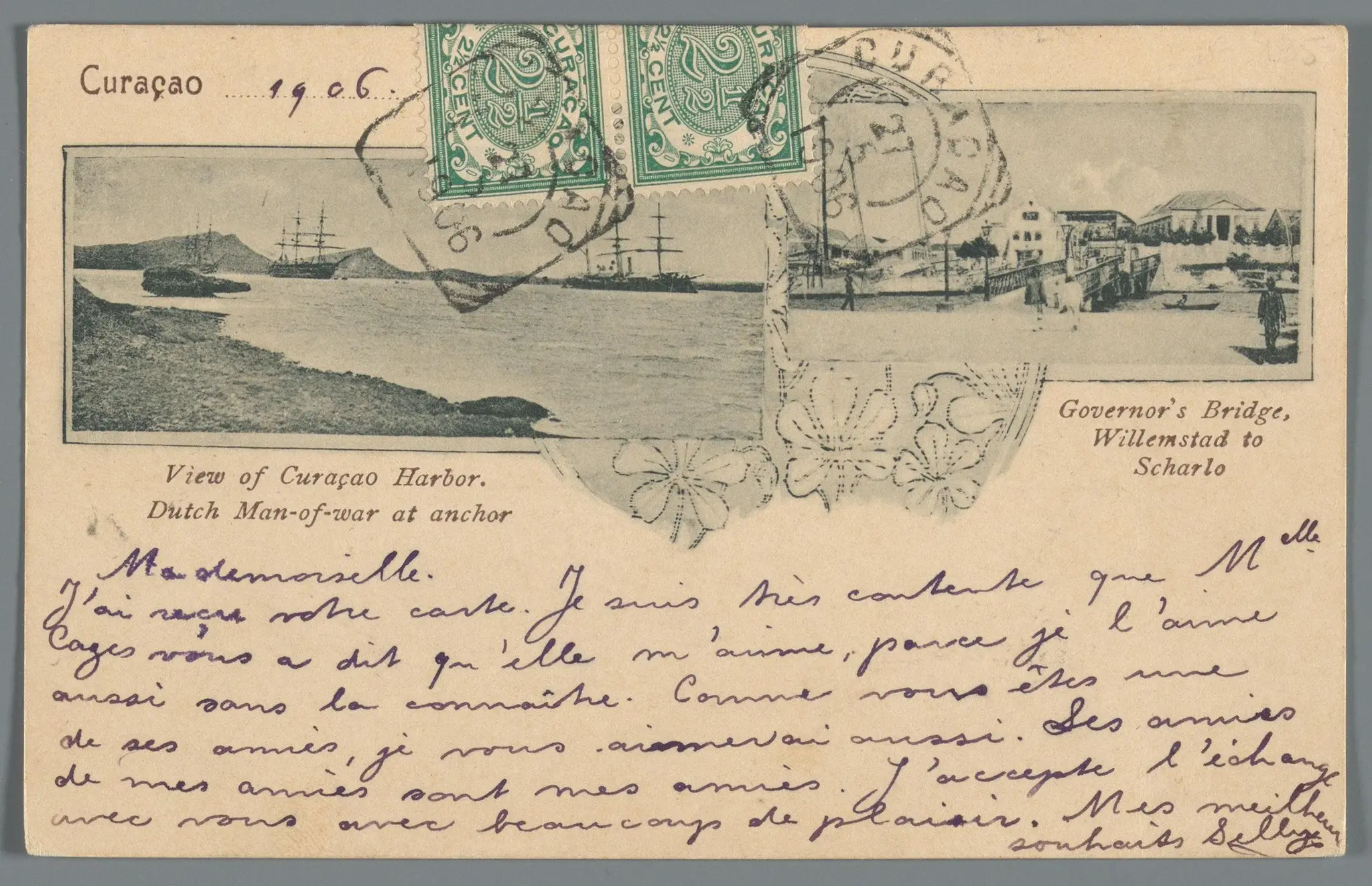 View of Curaçao Harbor. Dutch Man-of-war at anchor, Governor's Bridge Willemstad to Scharlo by anonymous