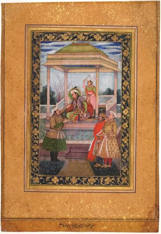 Emperor Jahangir in pavilion with attendants by Islamic