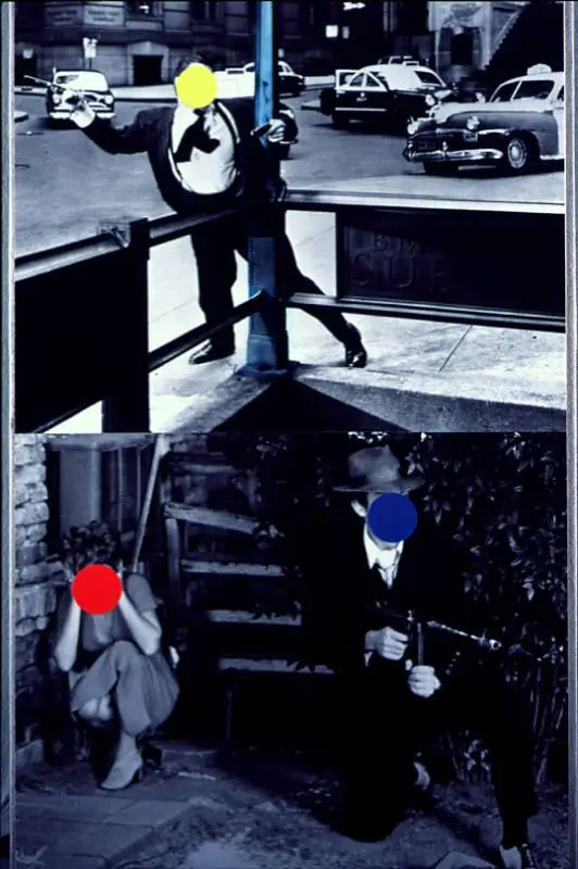 Blue Pole: Two Men with Guns and Woman (Hands to Ears) by John Baldessari