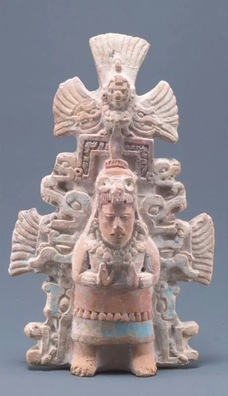 Rattle figure of an elite woman with headdress and backrack by Maya