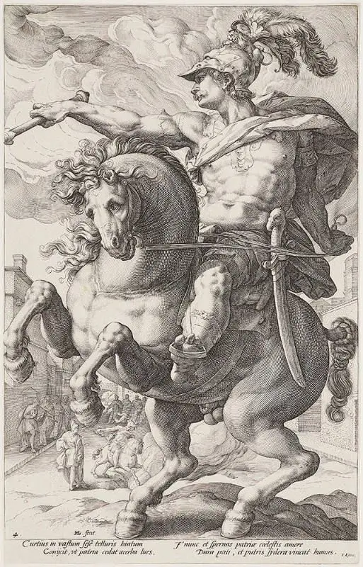 Marcus Curtius on Horseback, from The Roman Heroes by Hendrick Goltzius