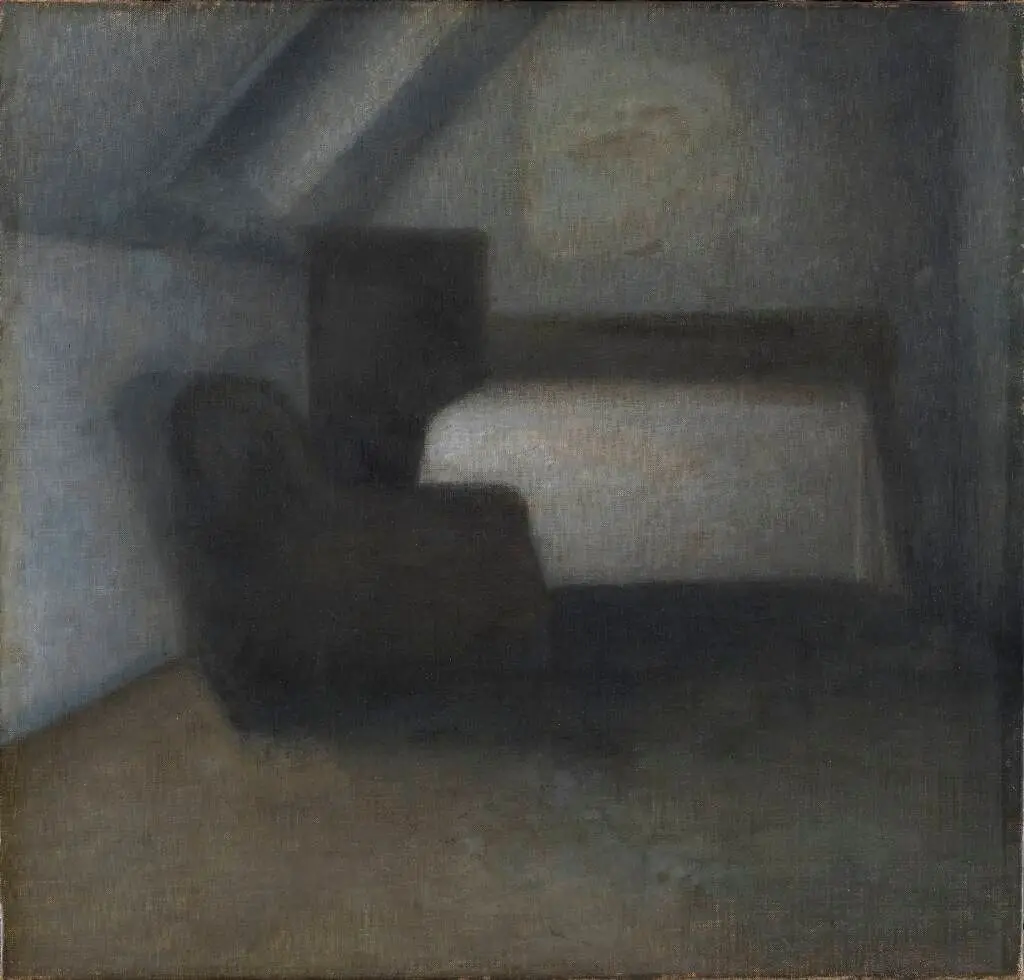 Loftværelse med bord og stol by Vilhelm Hammershøi