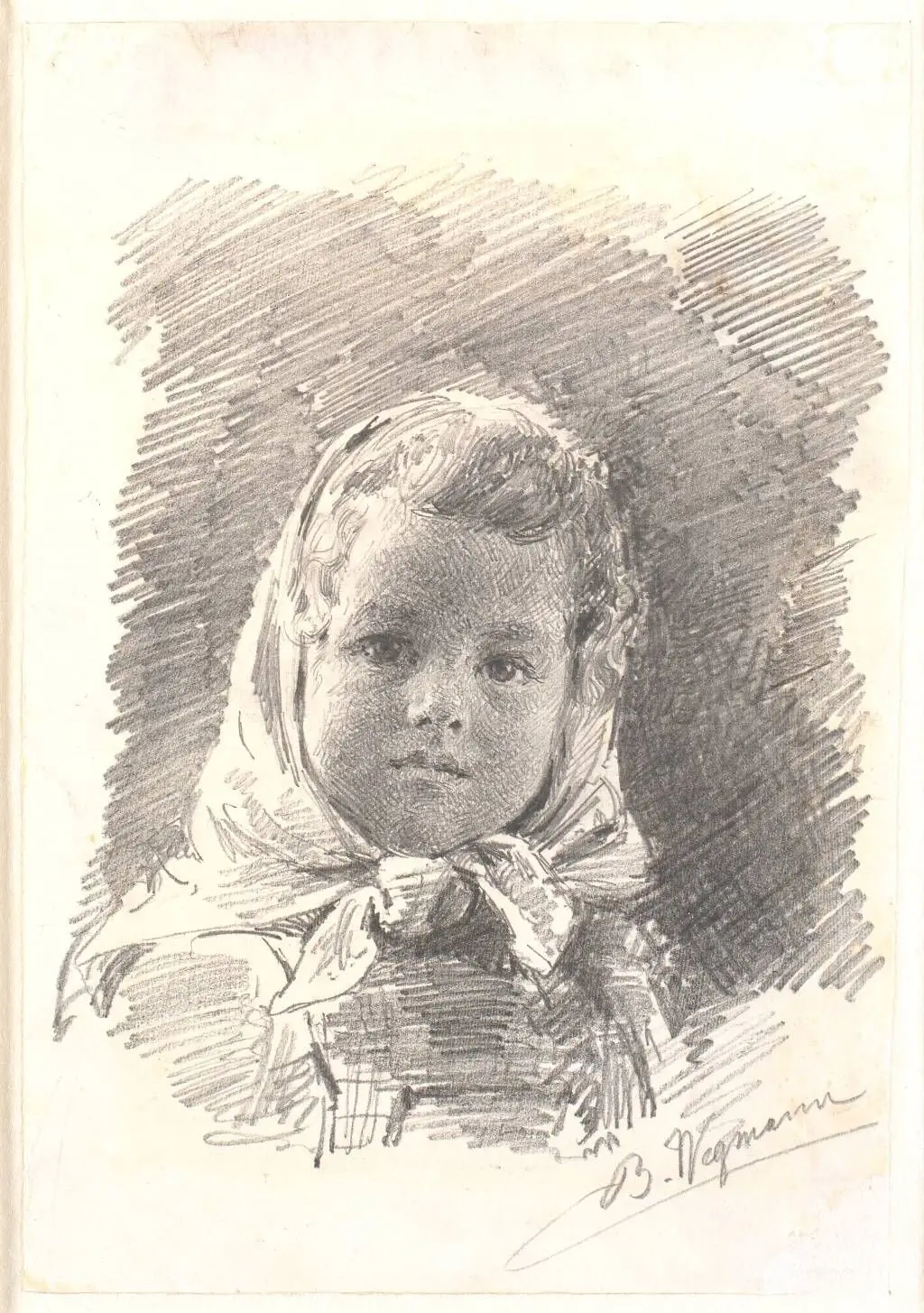 Portræt af en lille pige med tørklæde om hovedet by Bertha Wegmann