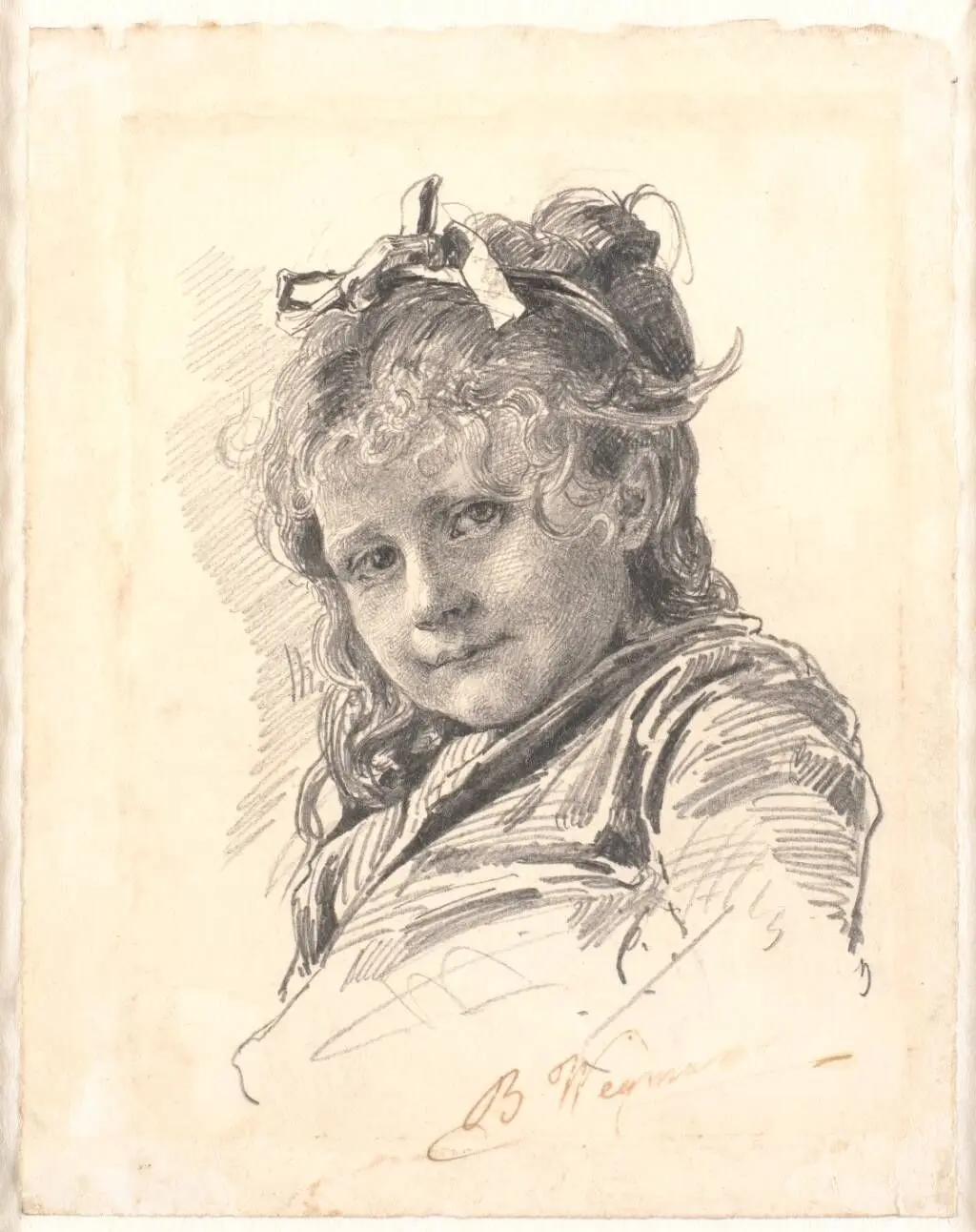 Portræt af en lille pige med langt hår og hårbånd by Bertha Wegmann