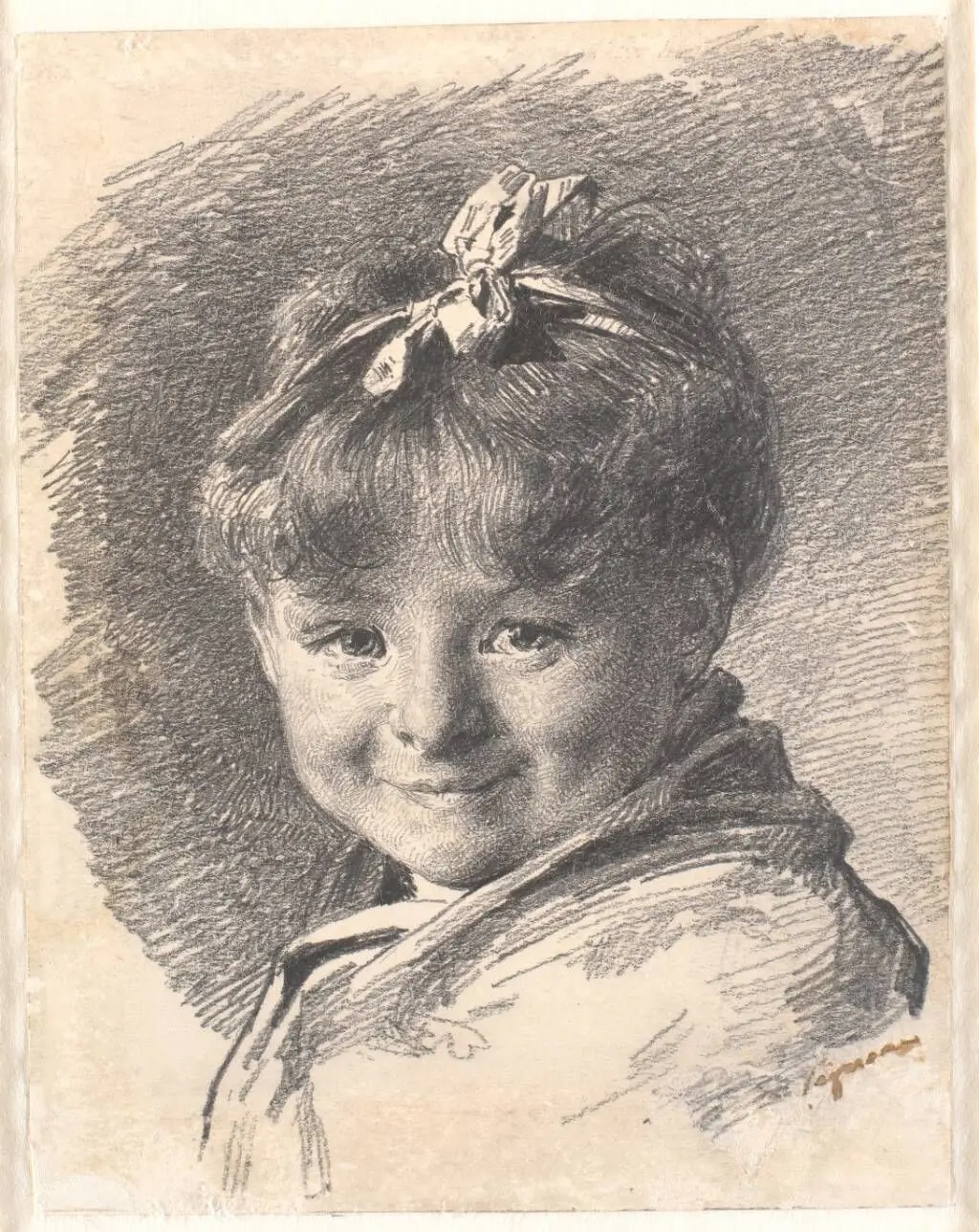 Portræt af en lille pige med kort hår og hårbånd by Bertha Wegmann