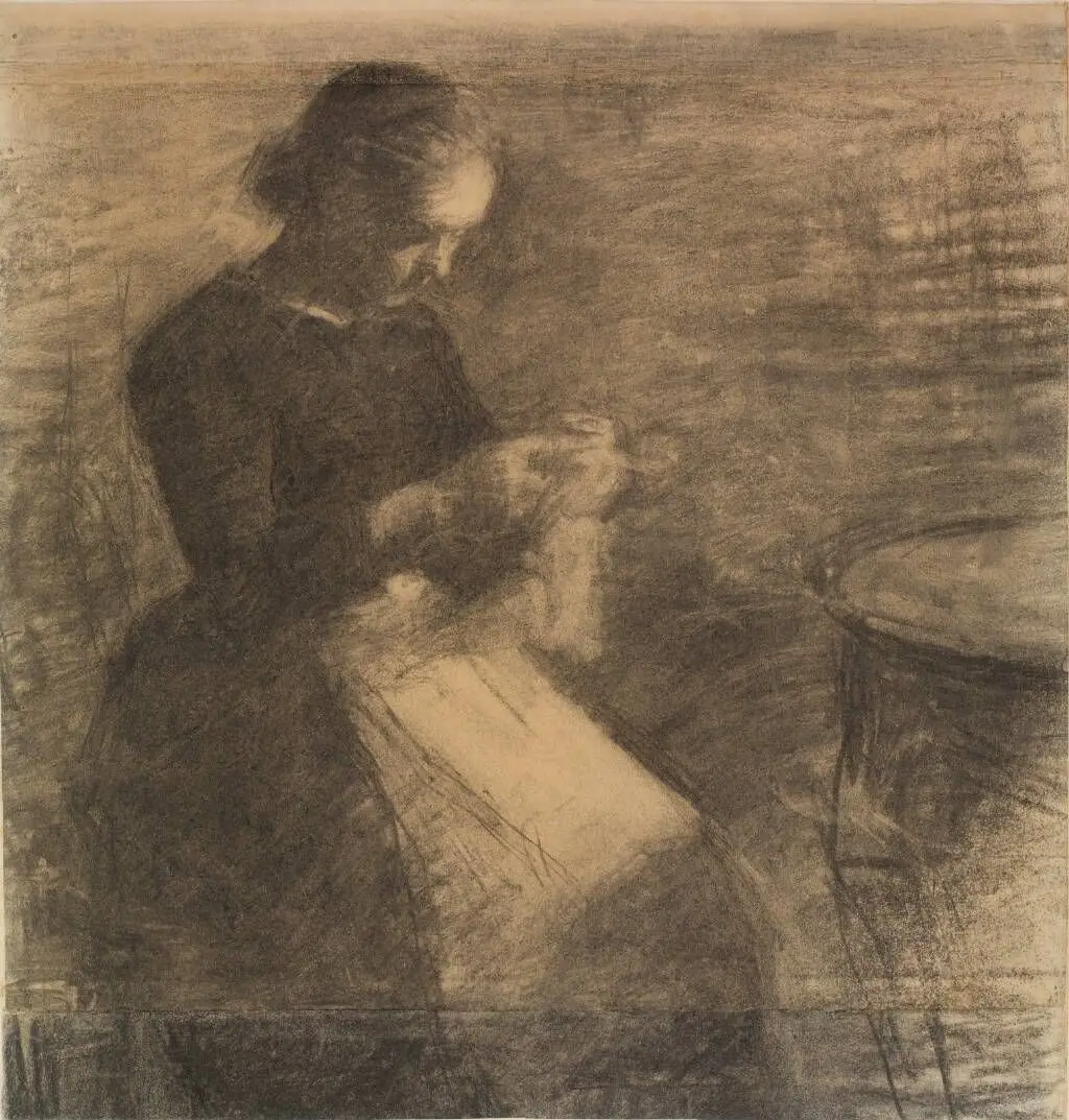 Portræt af Ida Hammershøi med håndarbejde by Vilhelm Hammershøi