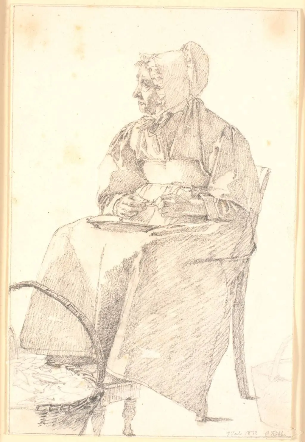 Kunstnerens moder bælger ærter by Christen Købke