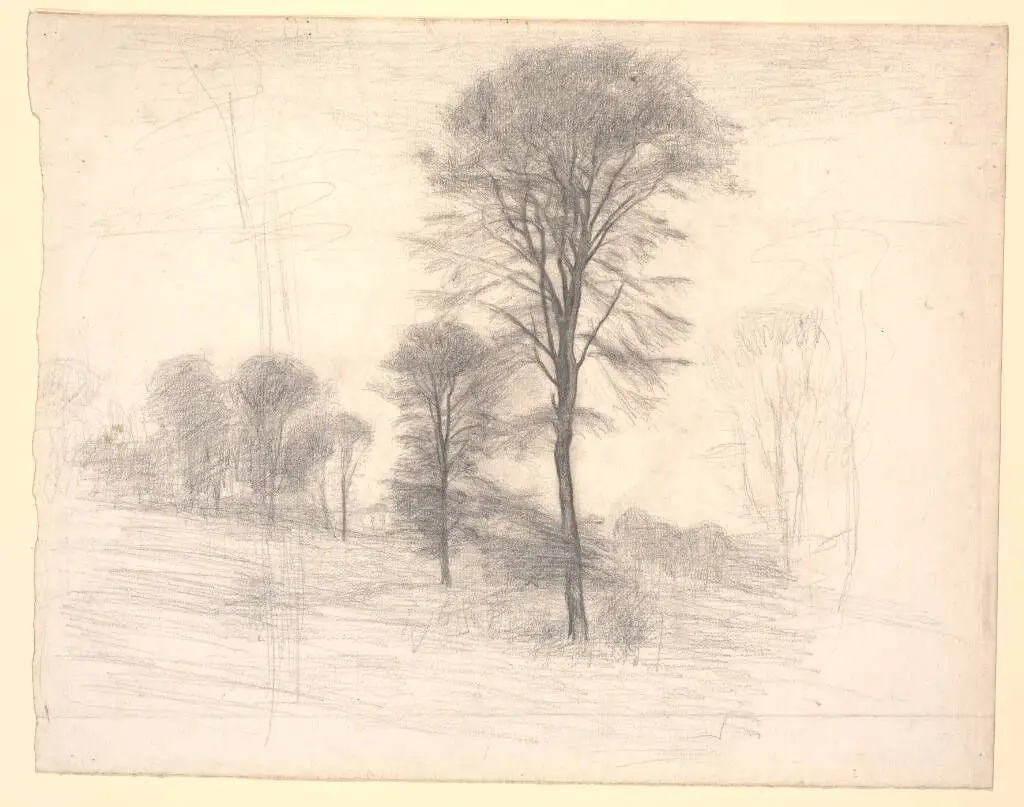 Landskab med spredte træer. "Ryet" ved Farum Sø by Vilhelm Hammershøi