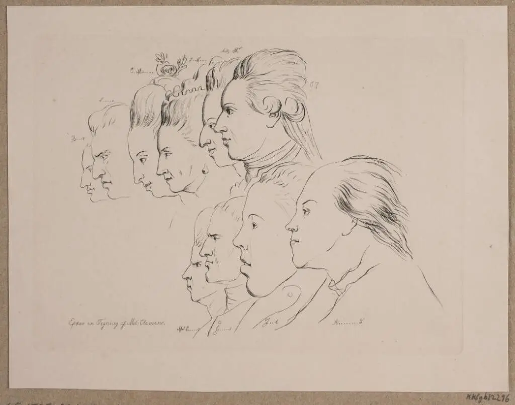 10 portrætter: Enevold Brandt, Johann Friedrich Struensee, Caroline Mathilde, Julieane Marie, Arveprins Frederik, Christian VII, Marie Jeanne Clemens, J. F. Clemens, Jens Juel og Nicolai Abildgaard by Madsen, A.P.