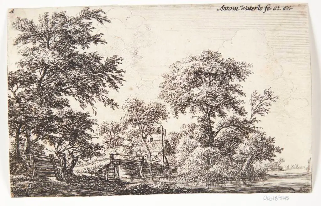 Træbro ved et hus by Anthonie Waterloo