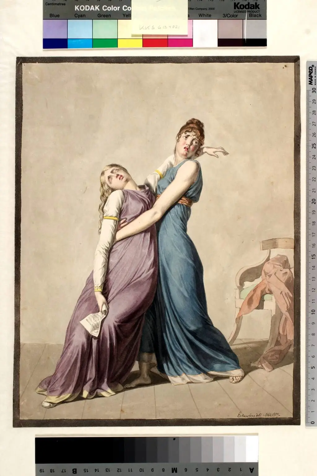 En kvinde holder en anden kvinde, der er besvimet ved læsningen af et brev by C.W. Eckersberg