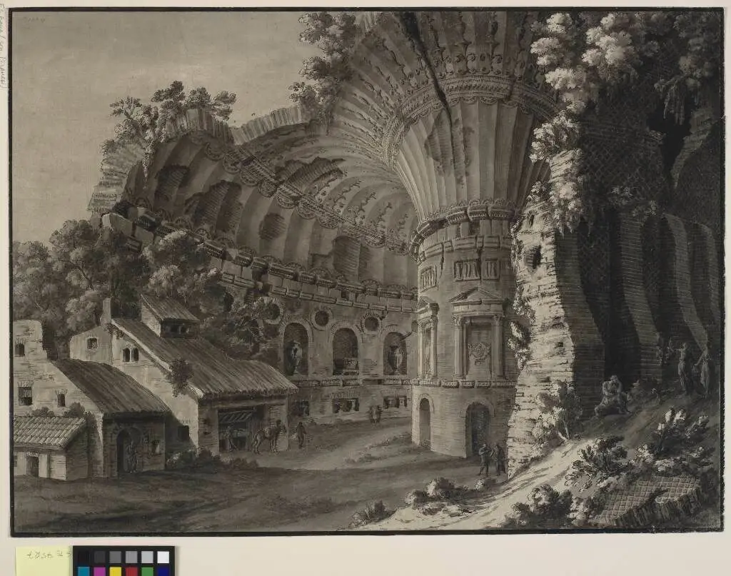 Arkitekturfantasi. Ruin af en antik rundbygning med gigantisk "gotisk" hvælvkonstruktion by Robert Adam