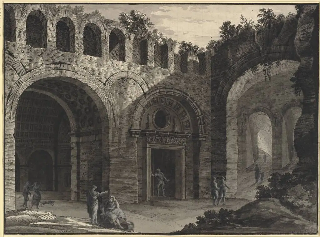 Arkitekturfantasi. Antik ruin med figurer, heraf nogle i antik dragt by Robert Adam