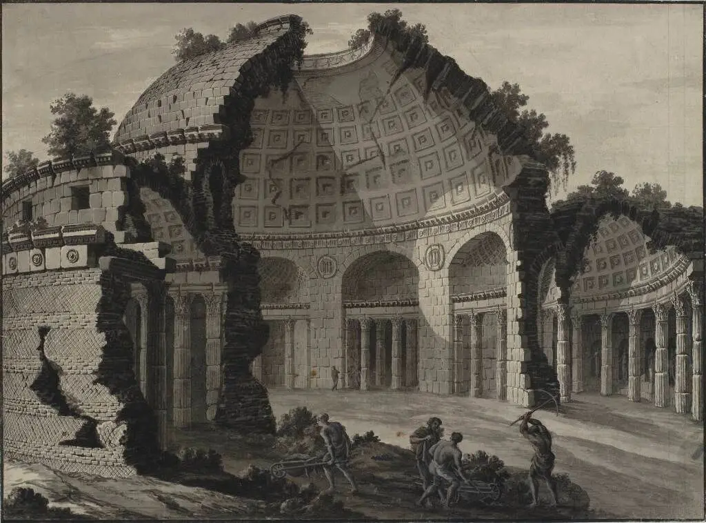 Arkitekturfantasi. Antik rundbygning i ruiner. I forgrunden arbejdende figurer by Robert Adam