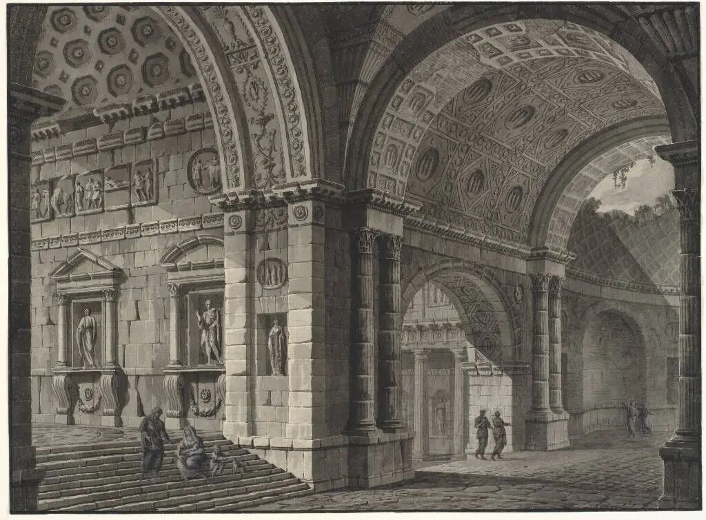 Arkitekturfantasi. Antikke hvælvinger med figurer by Robert Adam