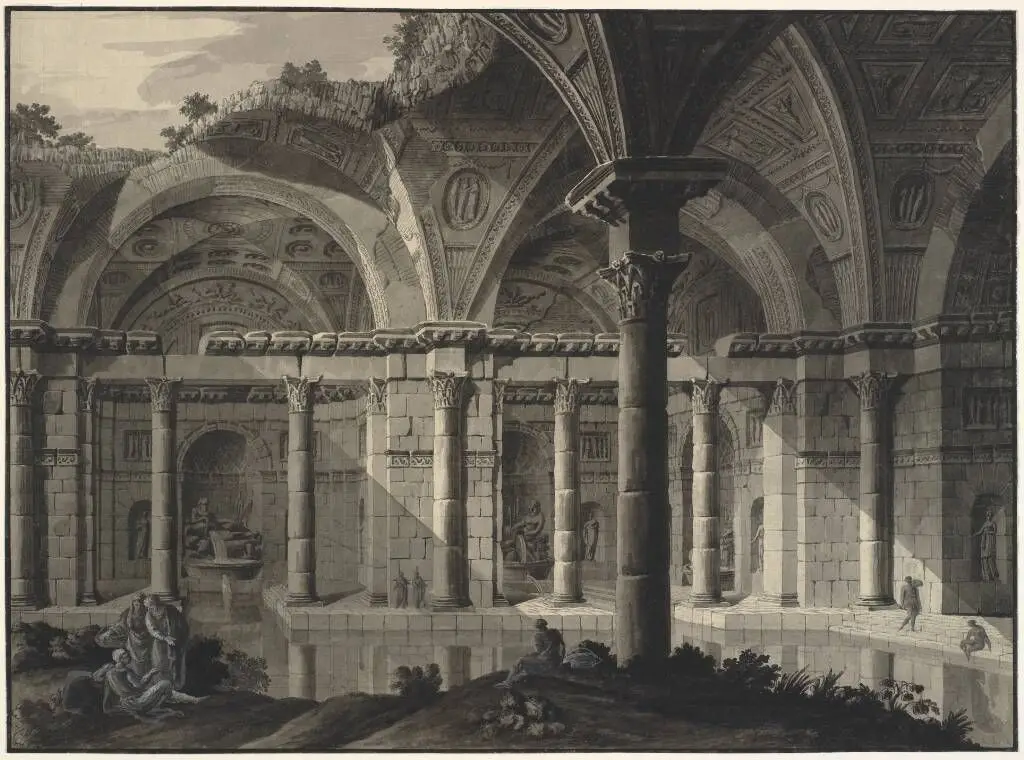 Arkitekturfantasi. Antikke termer med badende figurer by Robert Adam