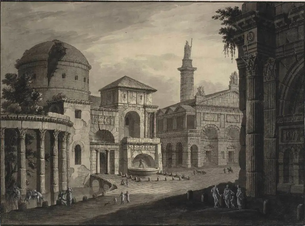 Arkitekturfantasi. Antik by med et torv, tempelfacade, samt t.v. en kuppelbygning i ruiner by Robert Adam
