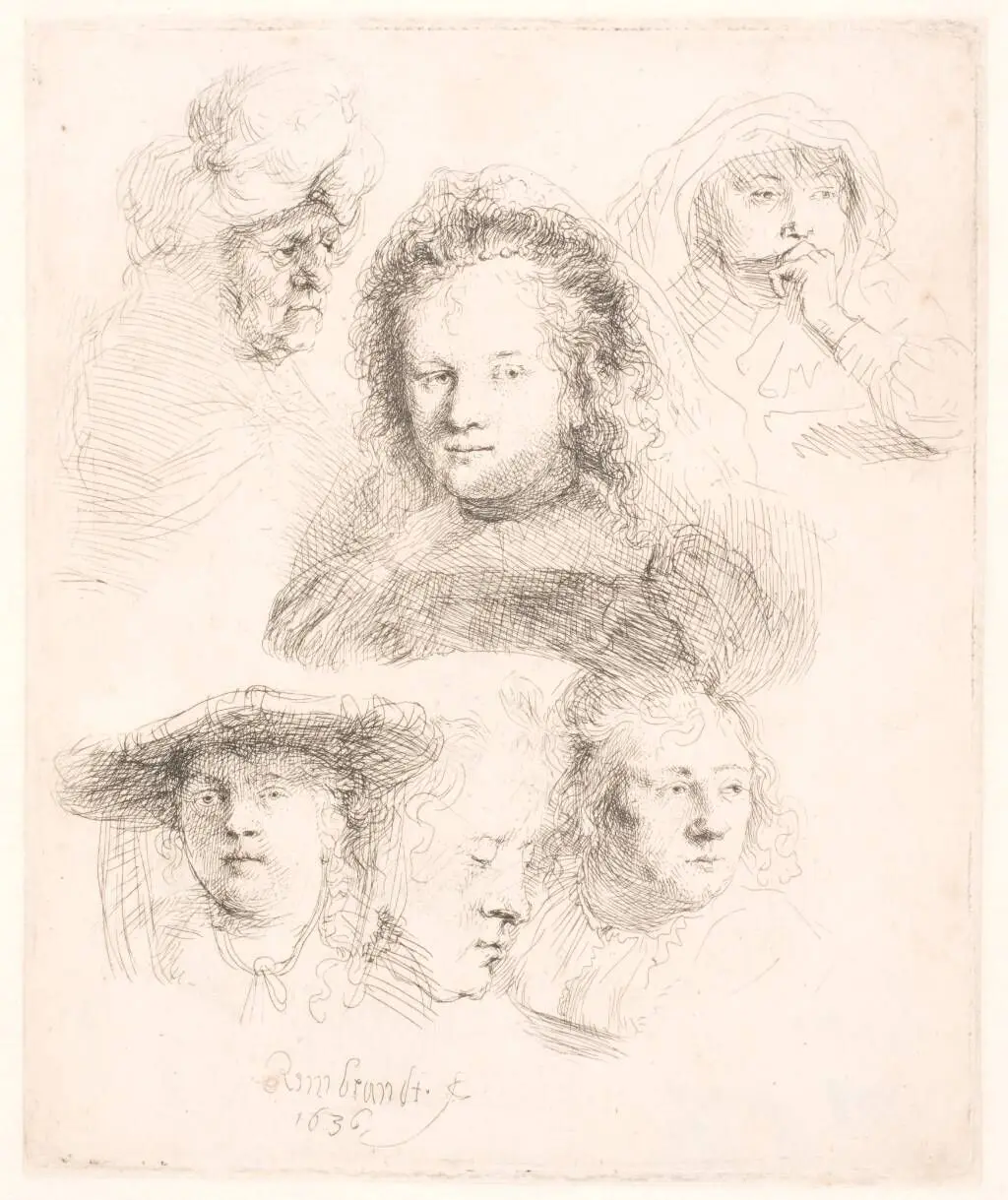 Studieblad med seks hoveder, bl.a. portræt af Saskia by Rembrandt van Rijn