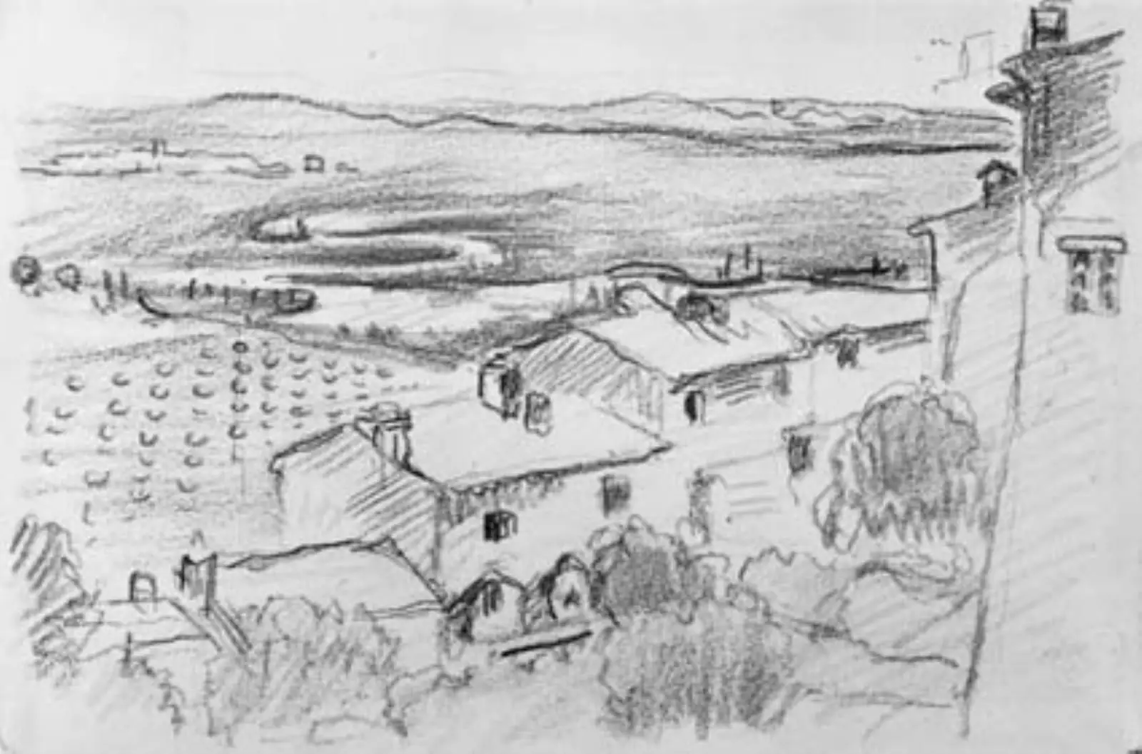 Udsigt fra en landsby over marker og engdrag mod havet. Bormes-les-Mimosas by Henri Edmond Cross