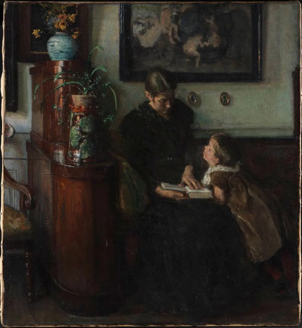 Moder skal læse. Kunstnerens hustru og barn by Viggo Johansen