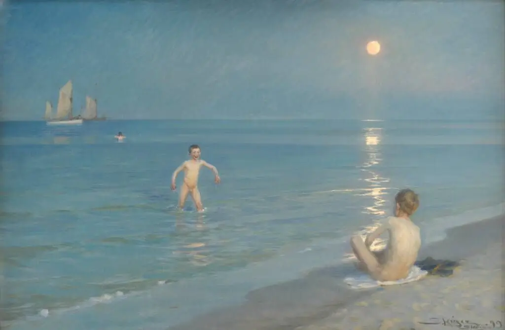 Badende drenge en sommeraften ved Skagens strand by P.S. Krøyer