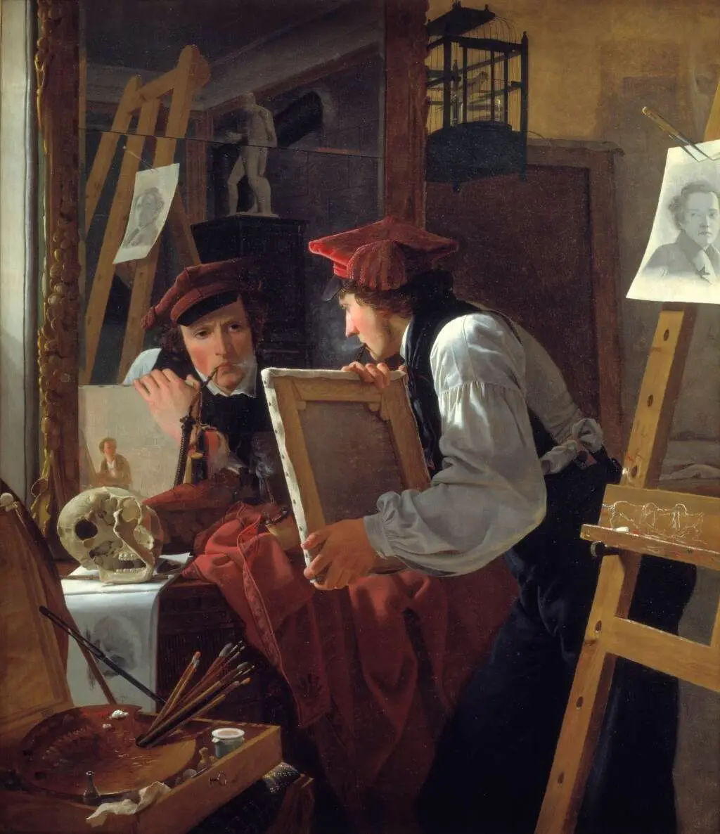 En ung kunstner (Ditlev Blunck) betragter en skitse i et spejl by Wilhelm Bendz