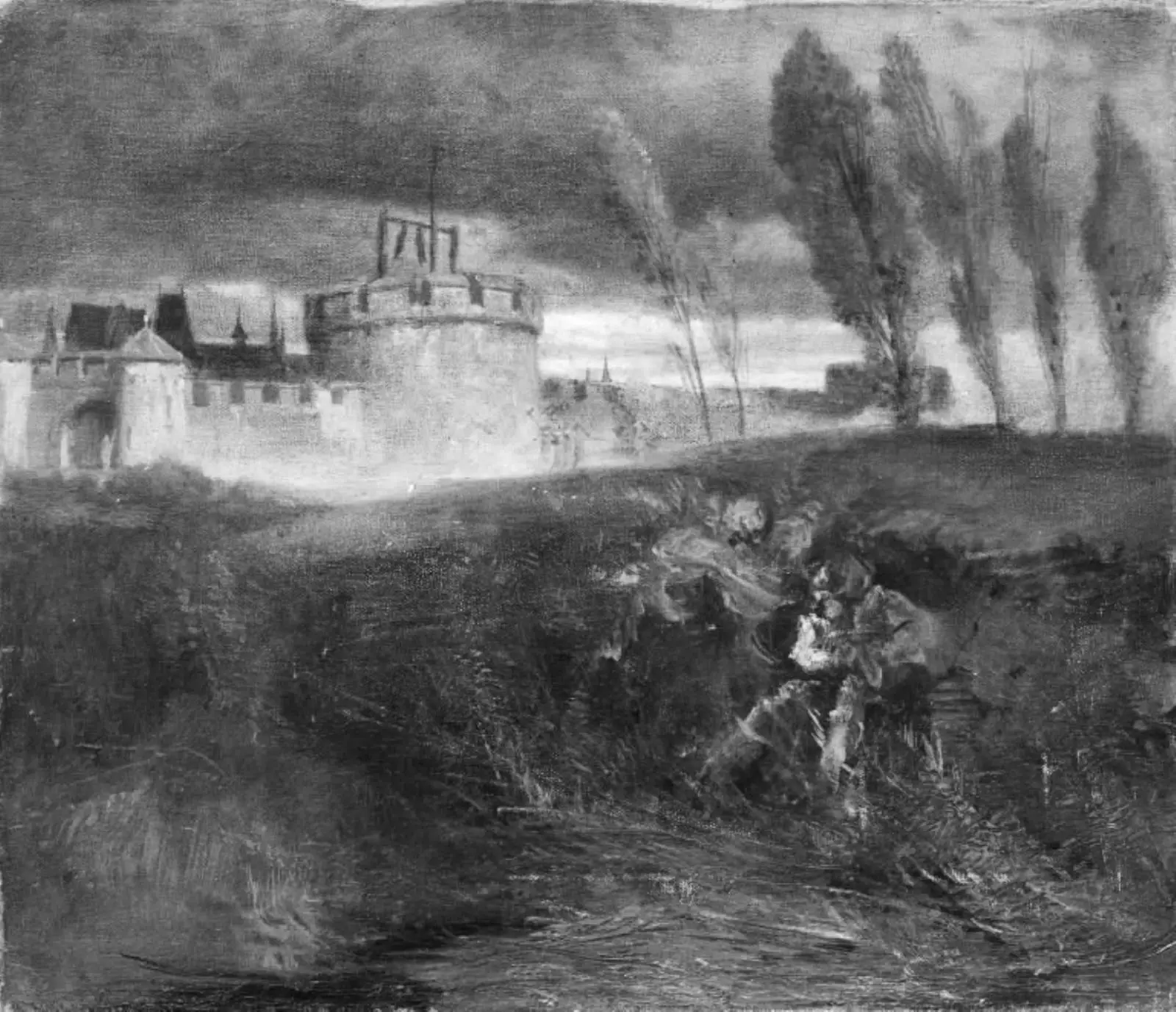 Middelalderligt landskab med borg by Arnold Böcklin