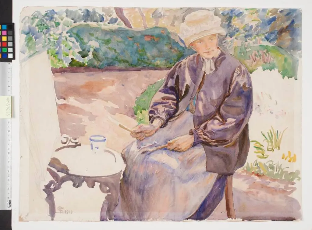 Kunstnerens kone, malerinden Anna Syberg, i smedens have by Fritz Syberg