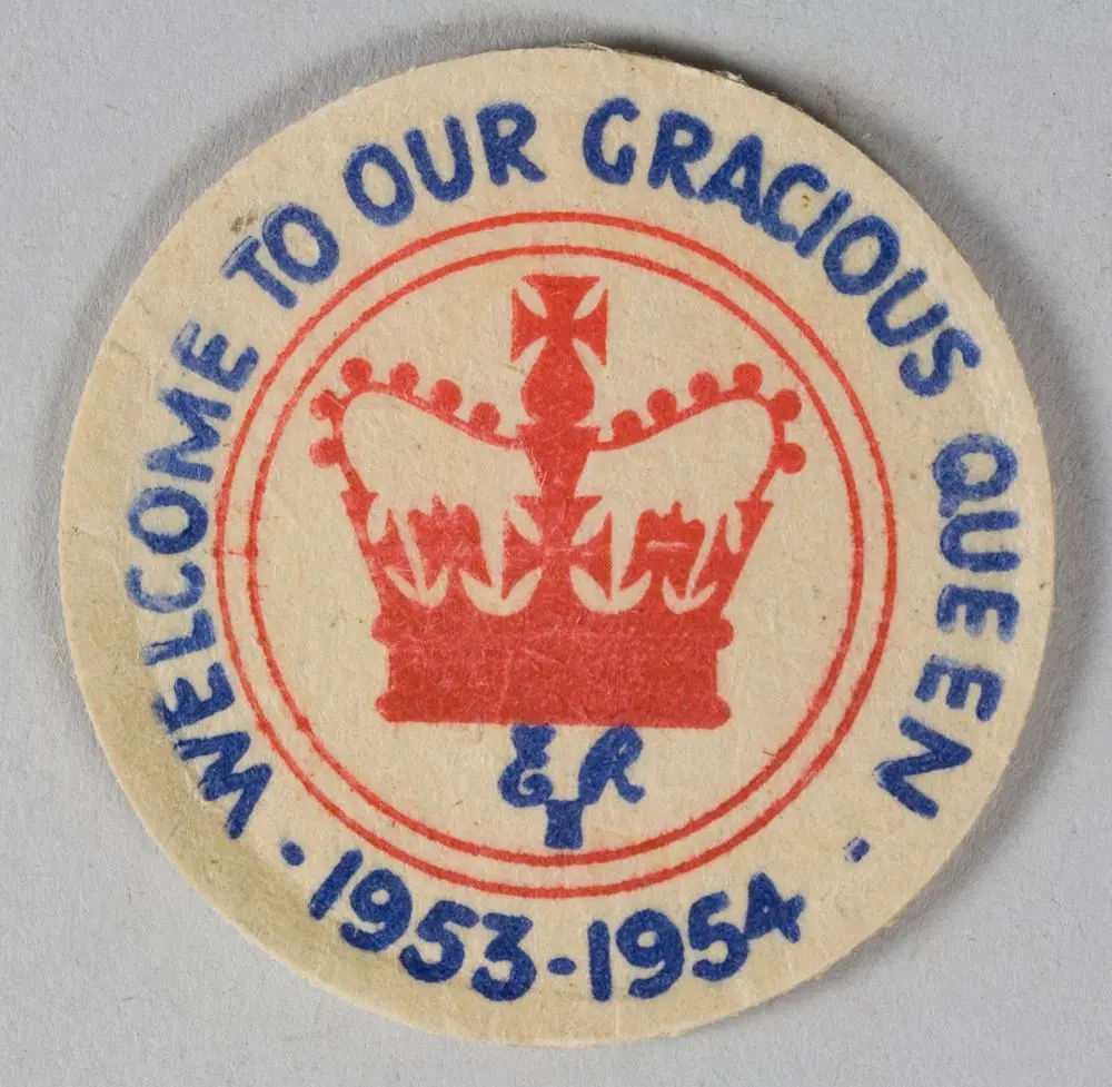 Milk bottle top, 'Welcome to Our Gracious Queen' by Unknown