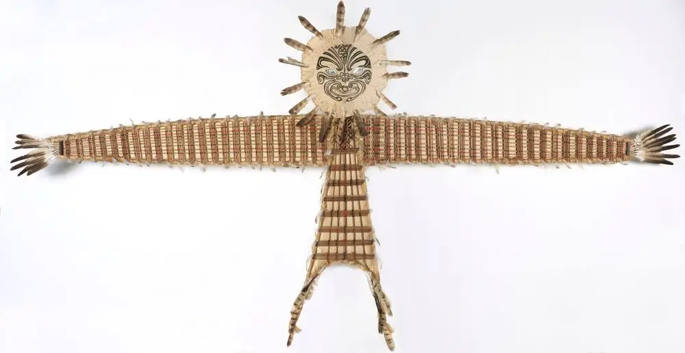Manu-aute (kite), titled 'Kimihia Te Manu Kahu' by Papahuia Flax Papers Artist Collective