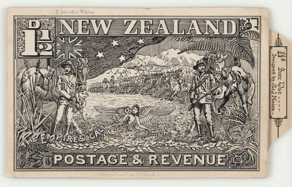 Original artwork [ink] for one and a half penny 'Empire's Call' stamp. by James Nairn