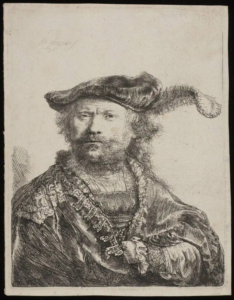 Self portrait in a velvet cap with plume by Rembrandt van Rijn