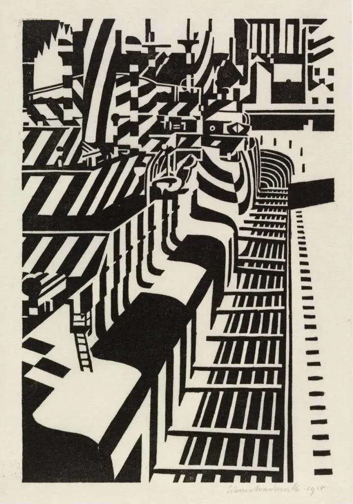 Camouflaged ships in dry dock ('Dazzle ships') by Wadsworth, Edward